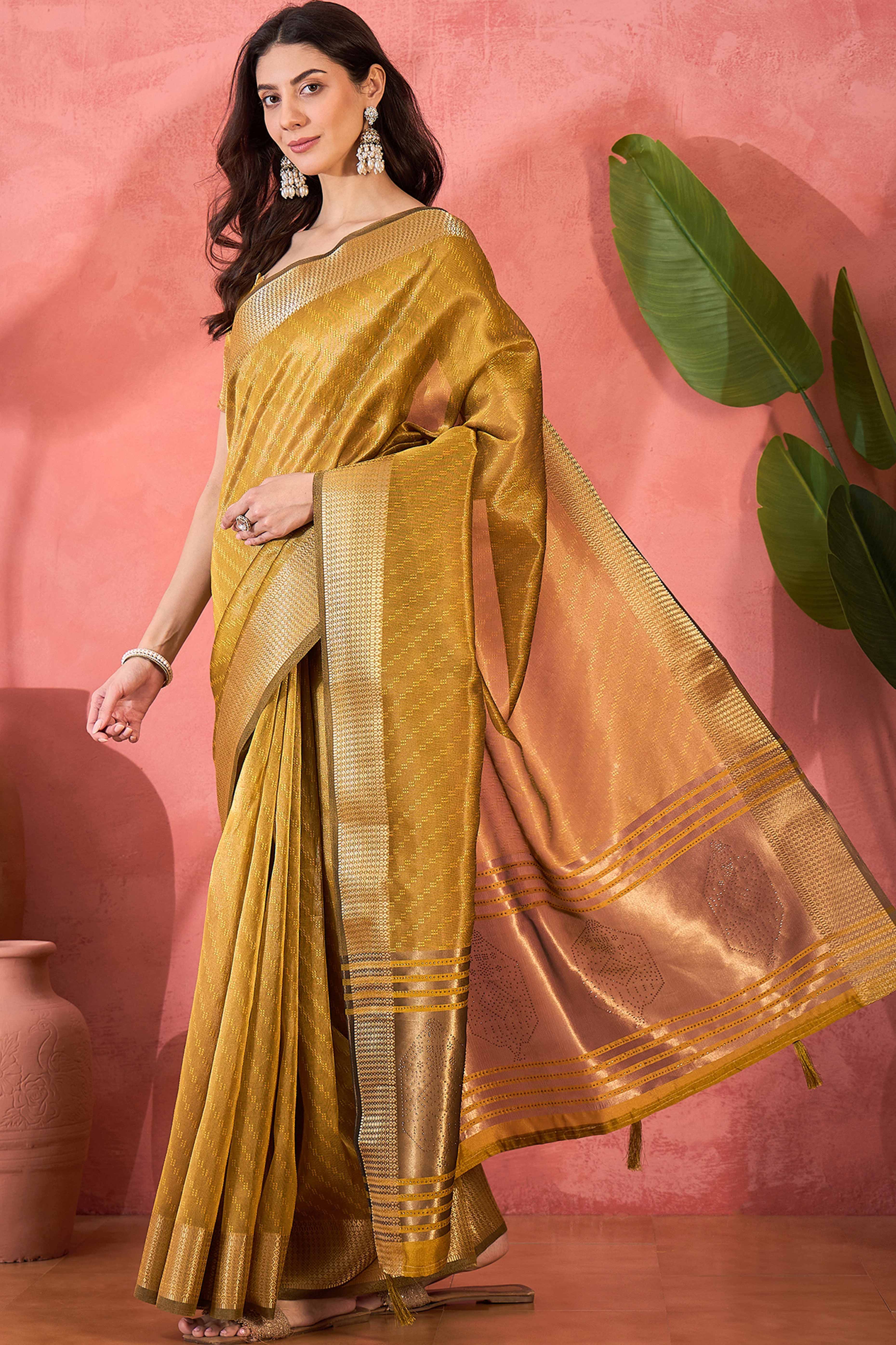 Mustard Khadi Organza Saree Intricate Weaving & Sparkling Stonework With Tassel Pallu