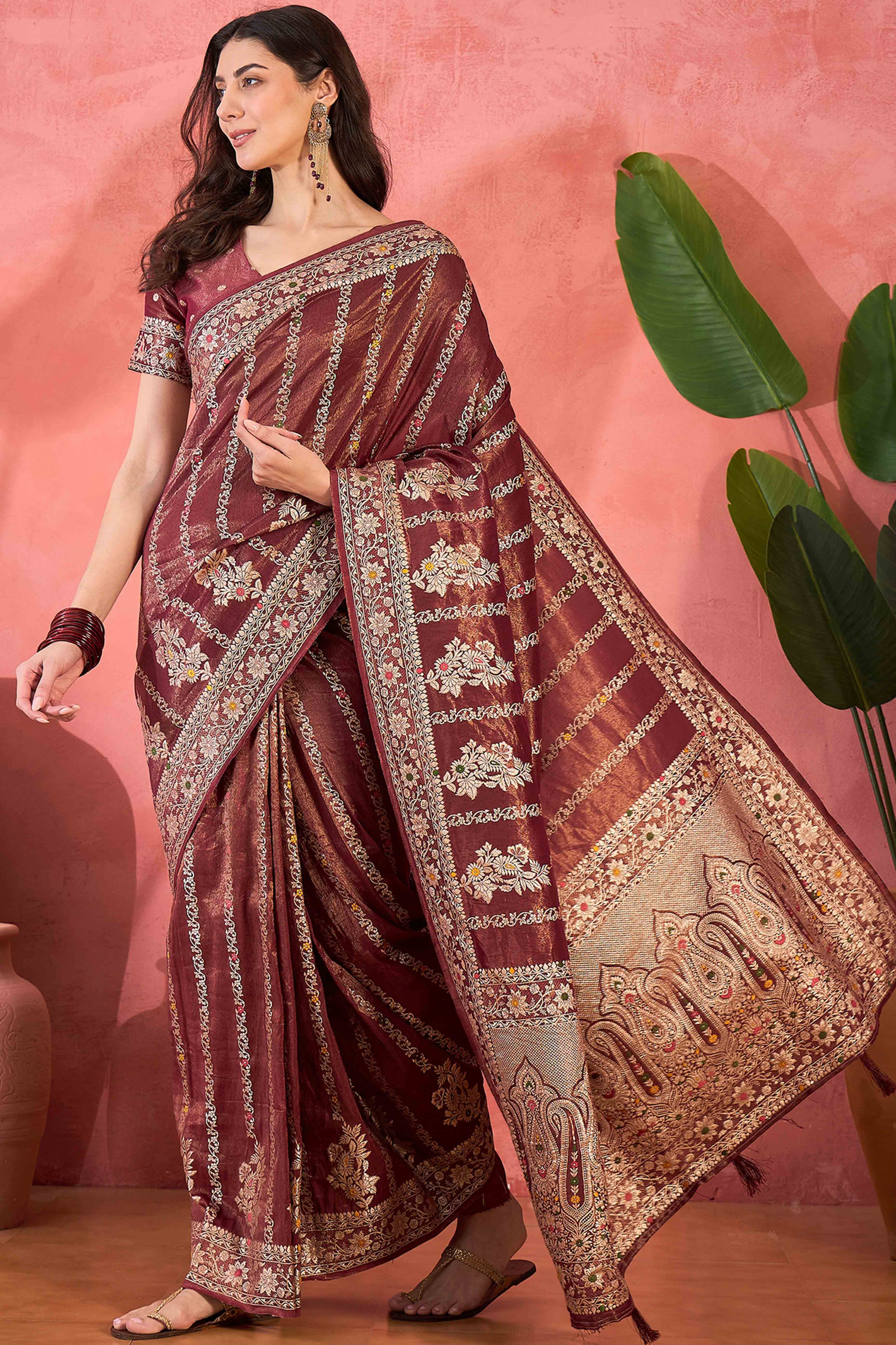 Floral Zari Woven Maroon Saree In Shimmer Finish With Elegant Tassel Pallu