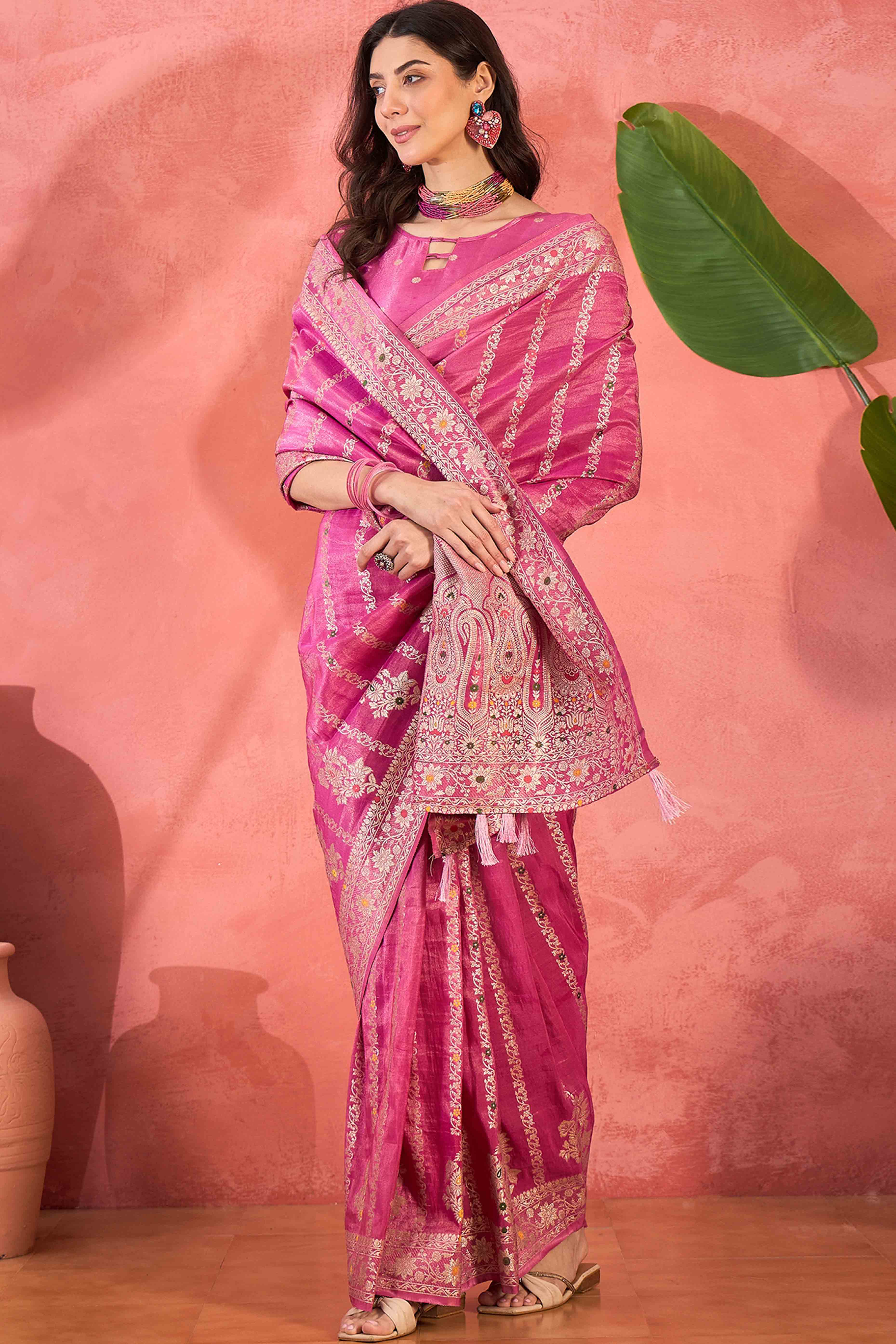 Floral Zari Woven Pink Saree In Shimmer Finish With Elegant Tassel Pallu