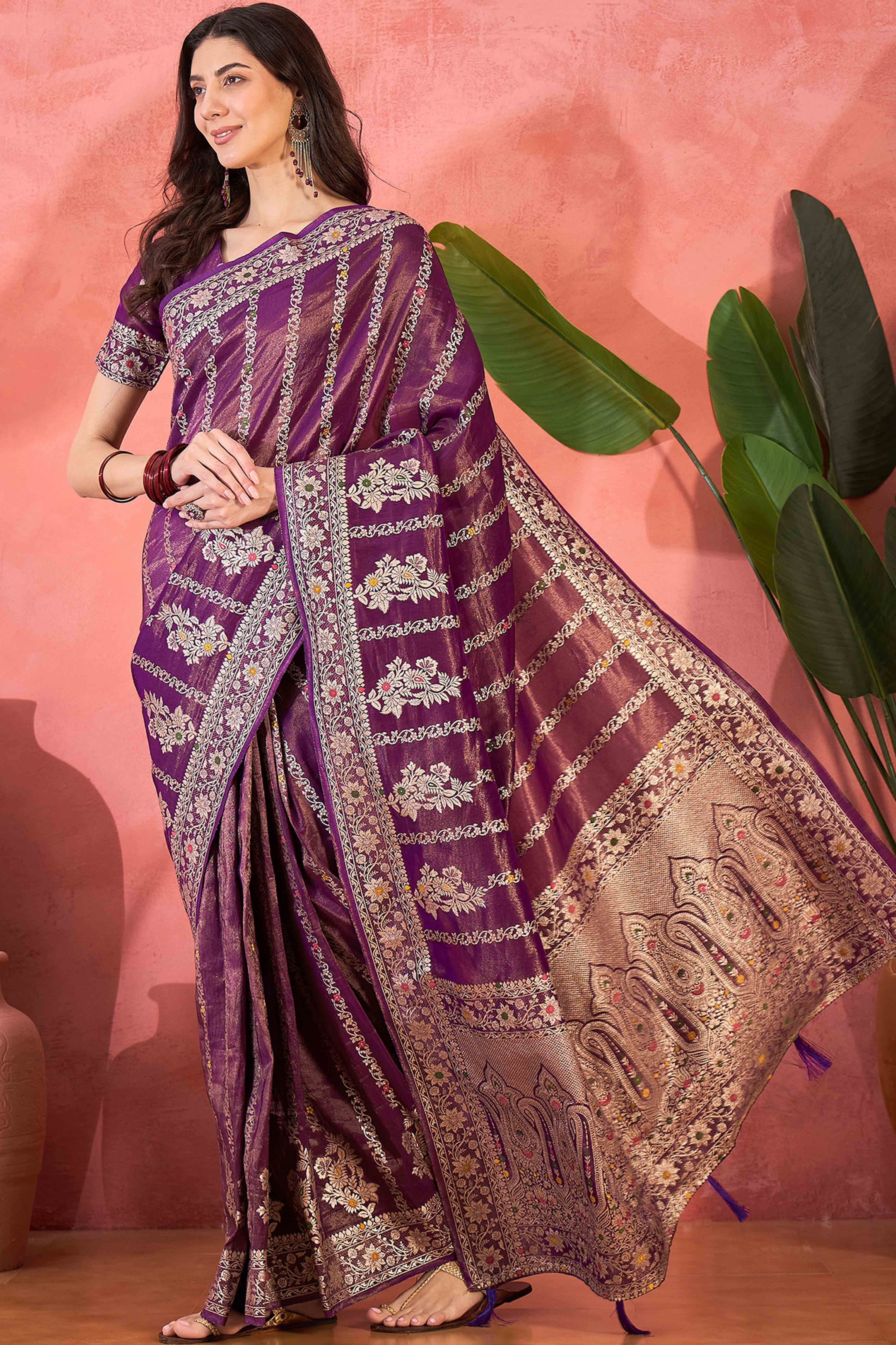 Floral Zari Woven Purple Saree In Shimmer Finish With Elegant Tassel Pallu