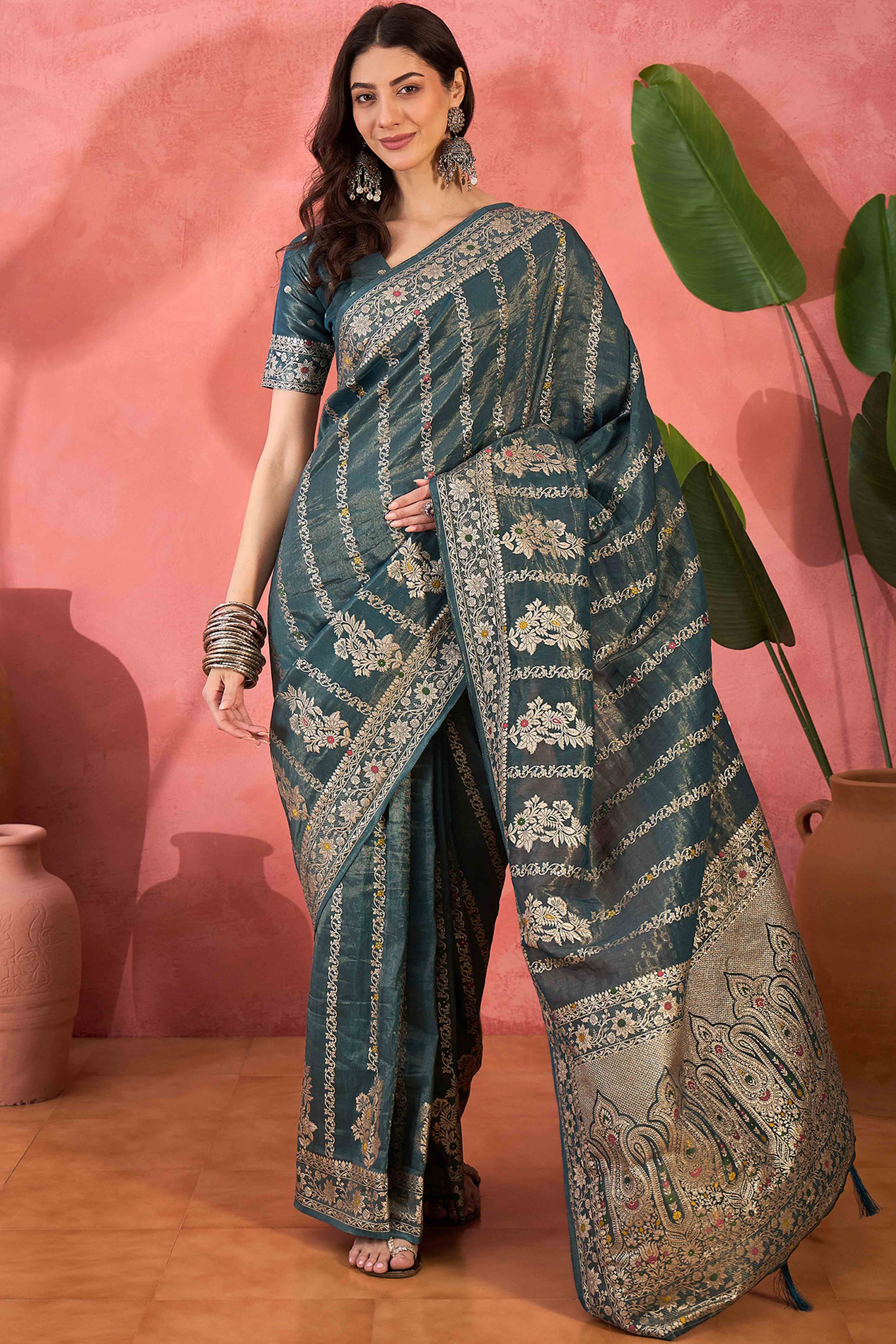 Floral Zari Woven Teal Saree In Shimmer Finish With Elegant Tassel Pallu