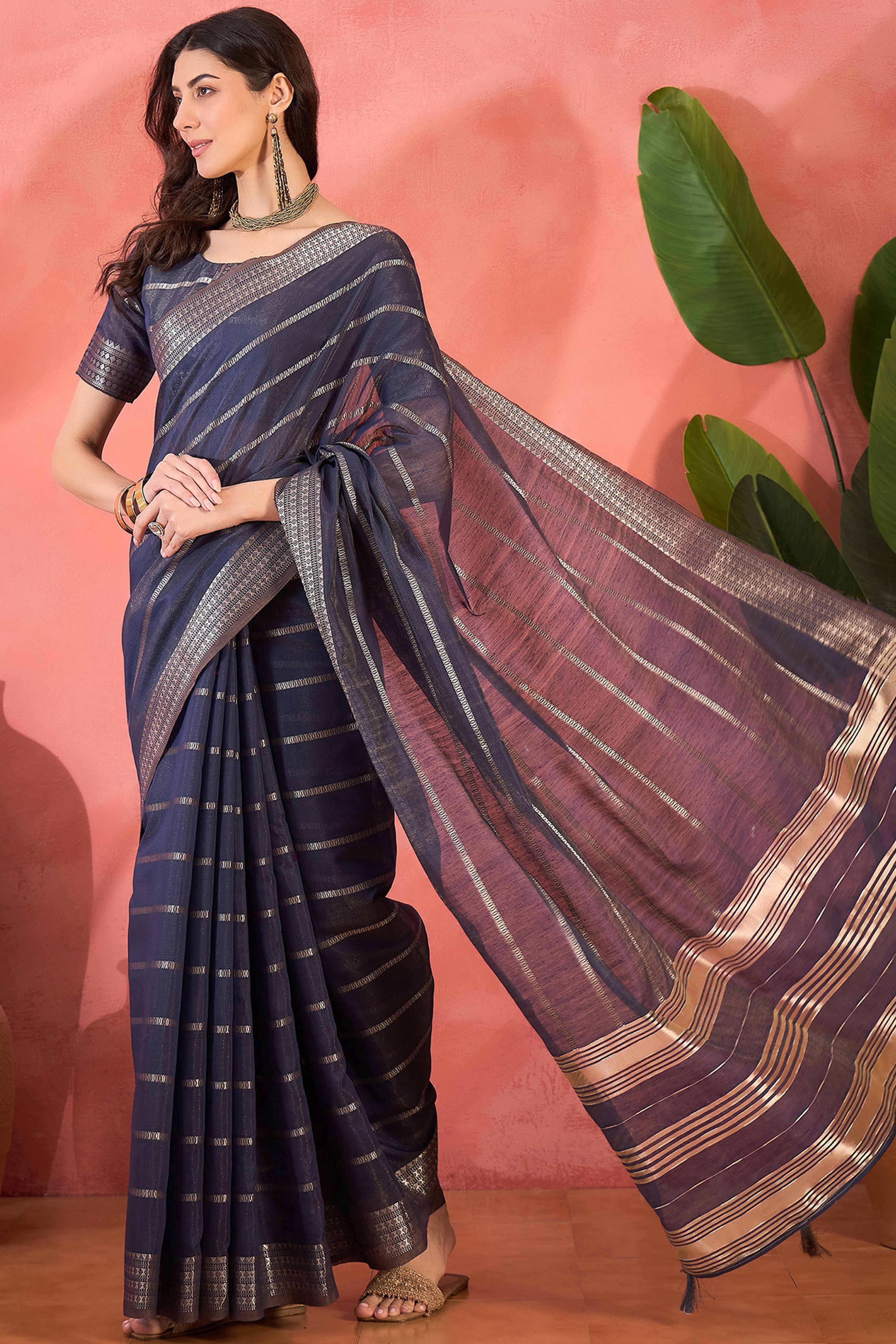 Blue Zari Striped Khadi Organza Saree With Graceful Tassel Accents