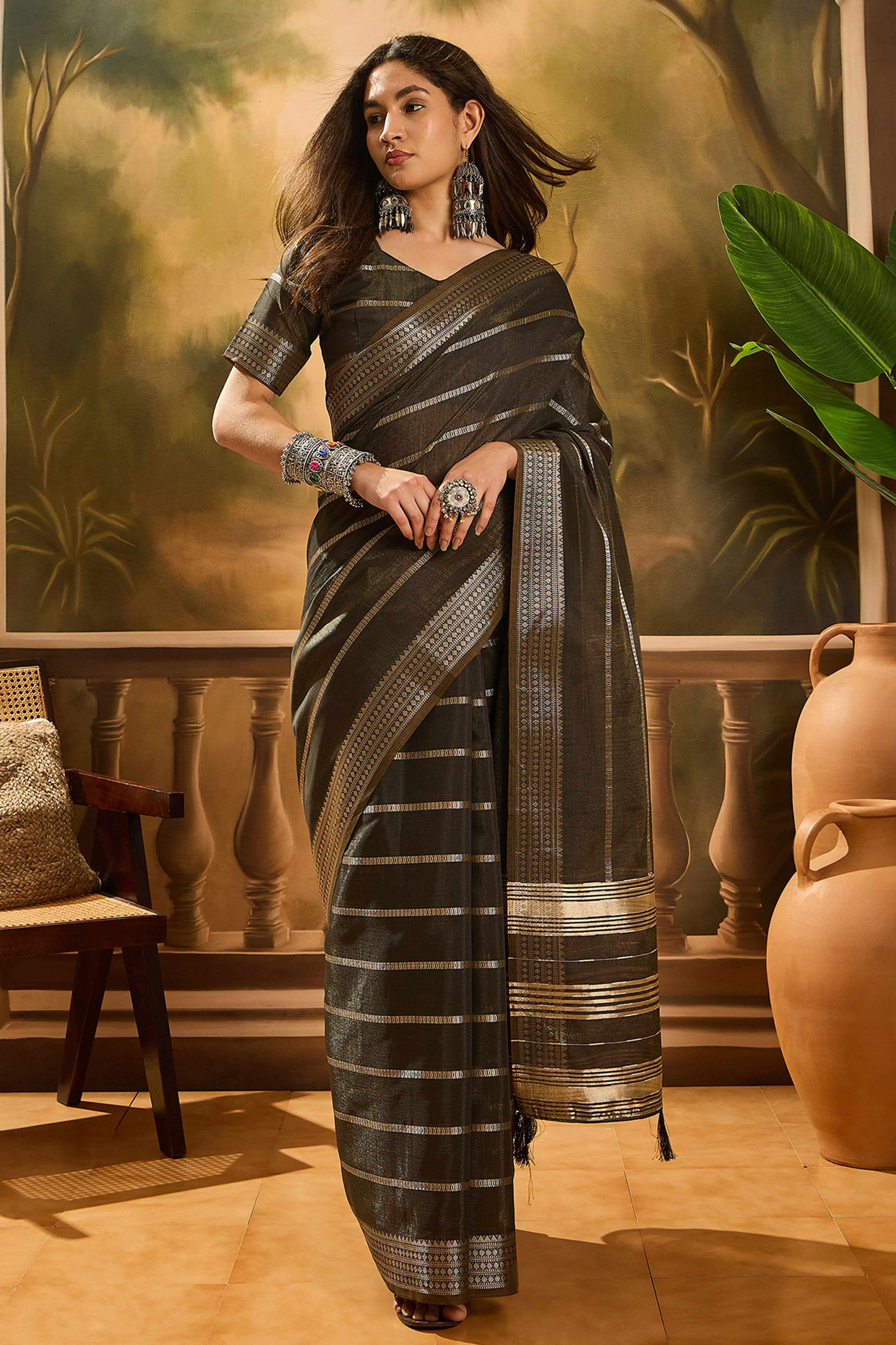 Dark Mehendi Green Zari Striped Khadi Organza Saree With Graceful Tassel Accents