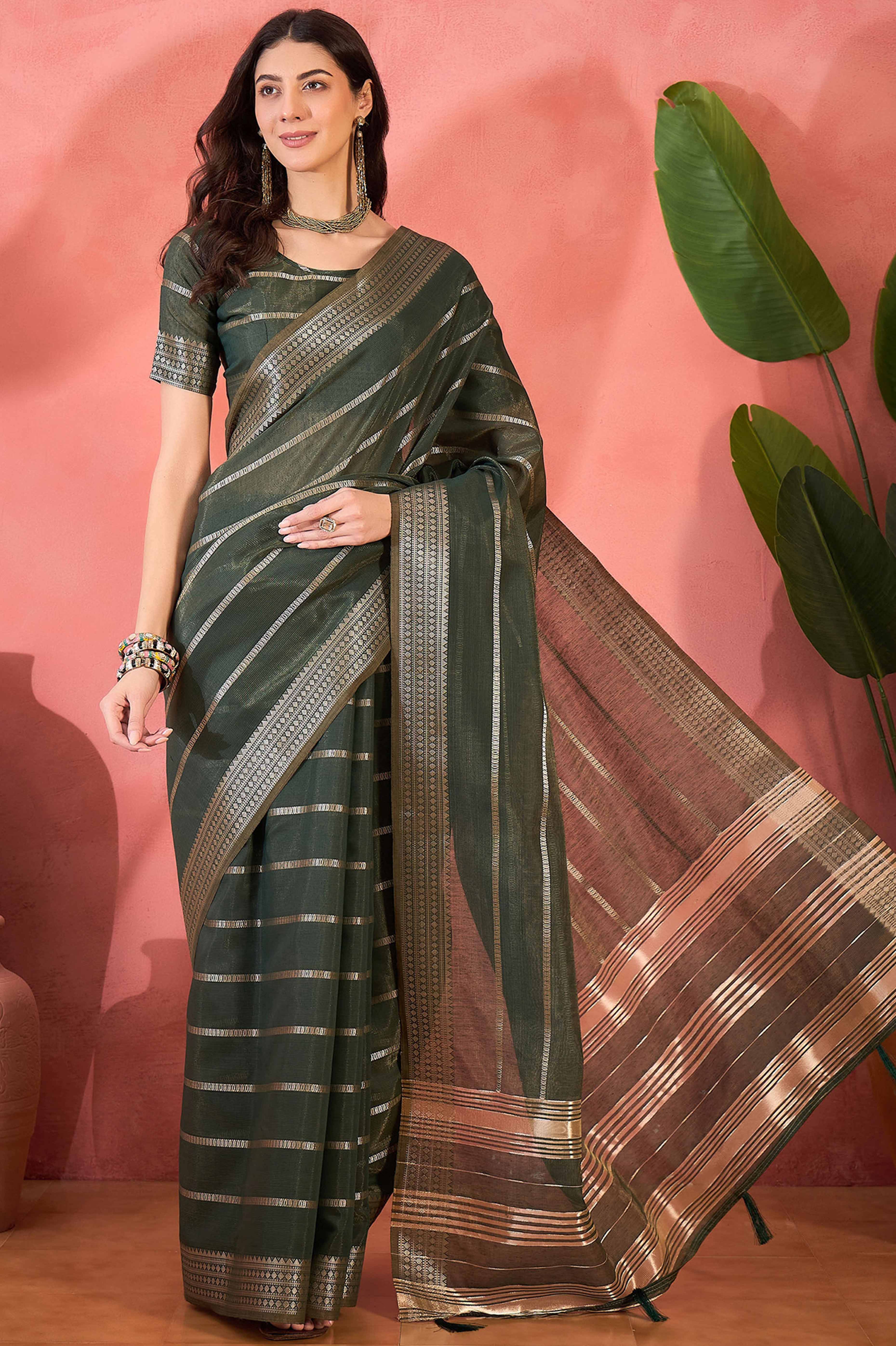 Green Zari Striped Khadi Organza Saree With Graceful Tassel Accents