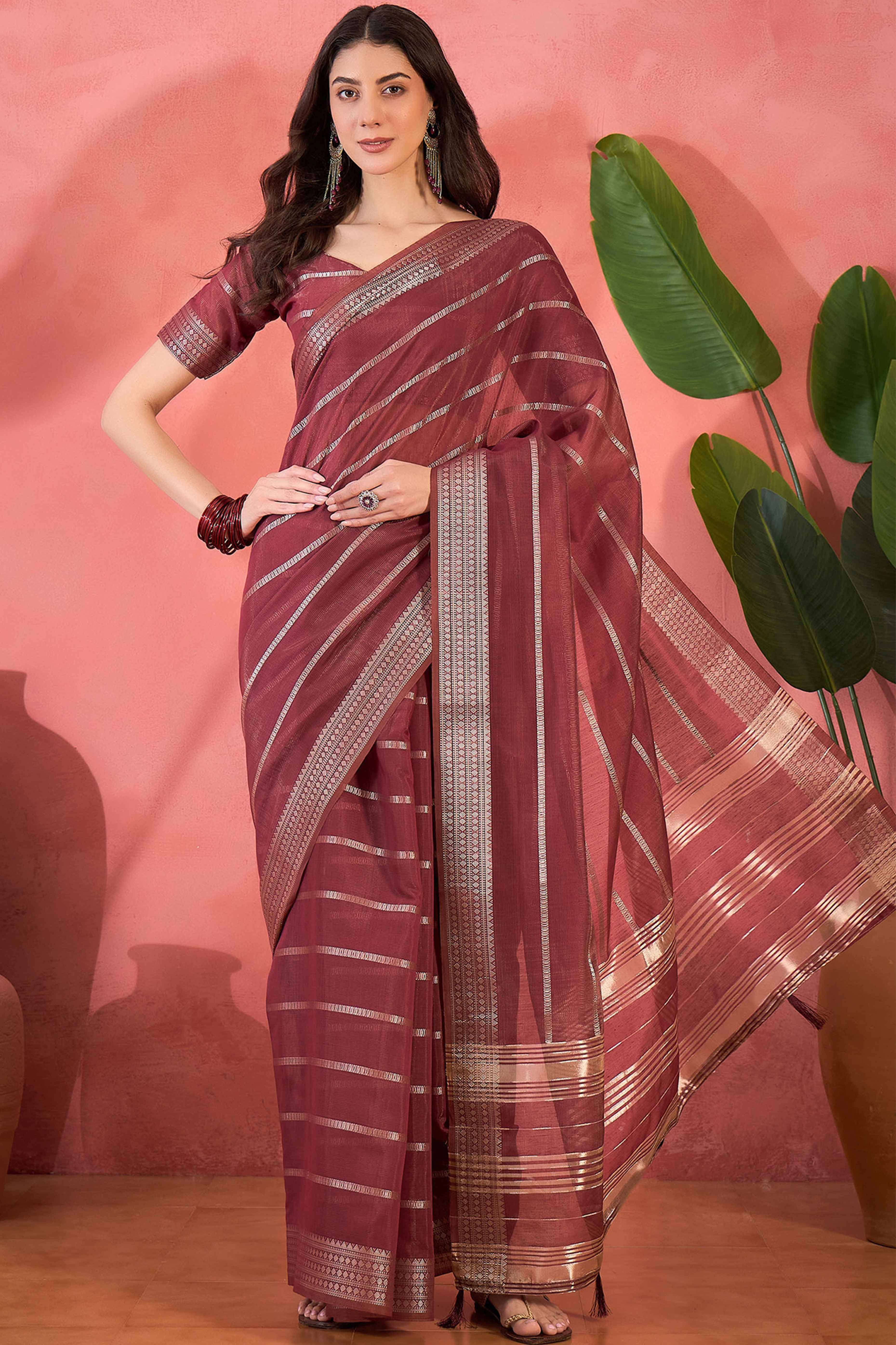Maroon Zari Striped Khadi Organza Saree With Graceful Tassel Accents