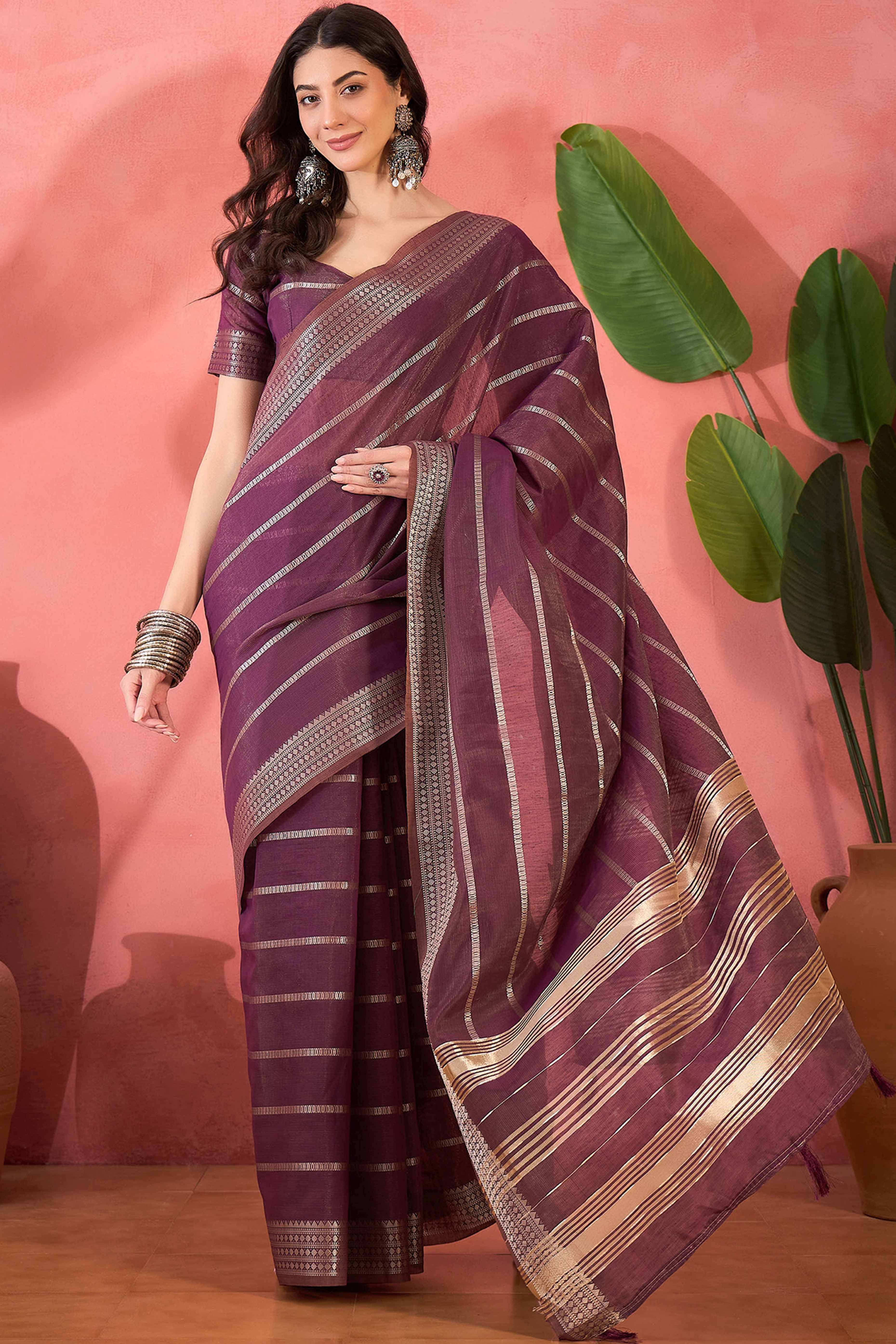 Wine Zari Striped Khadi Organza Saree With Graceful Tassel Accents