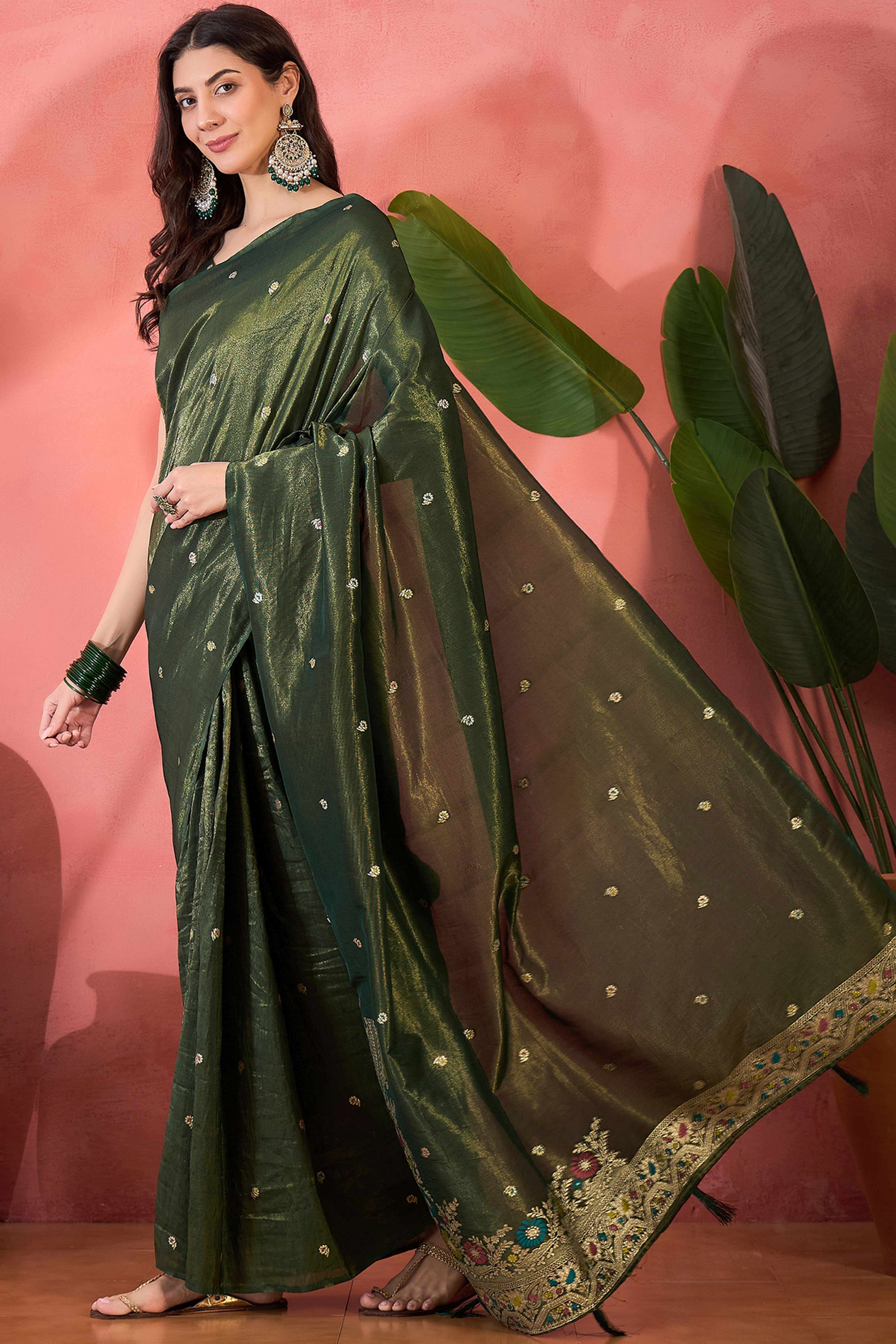 Floral Zari Woven Mehendi Green Saree In Shimmer Finish With Elegant Tassel Pallu