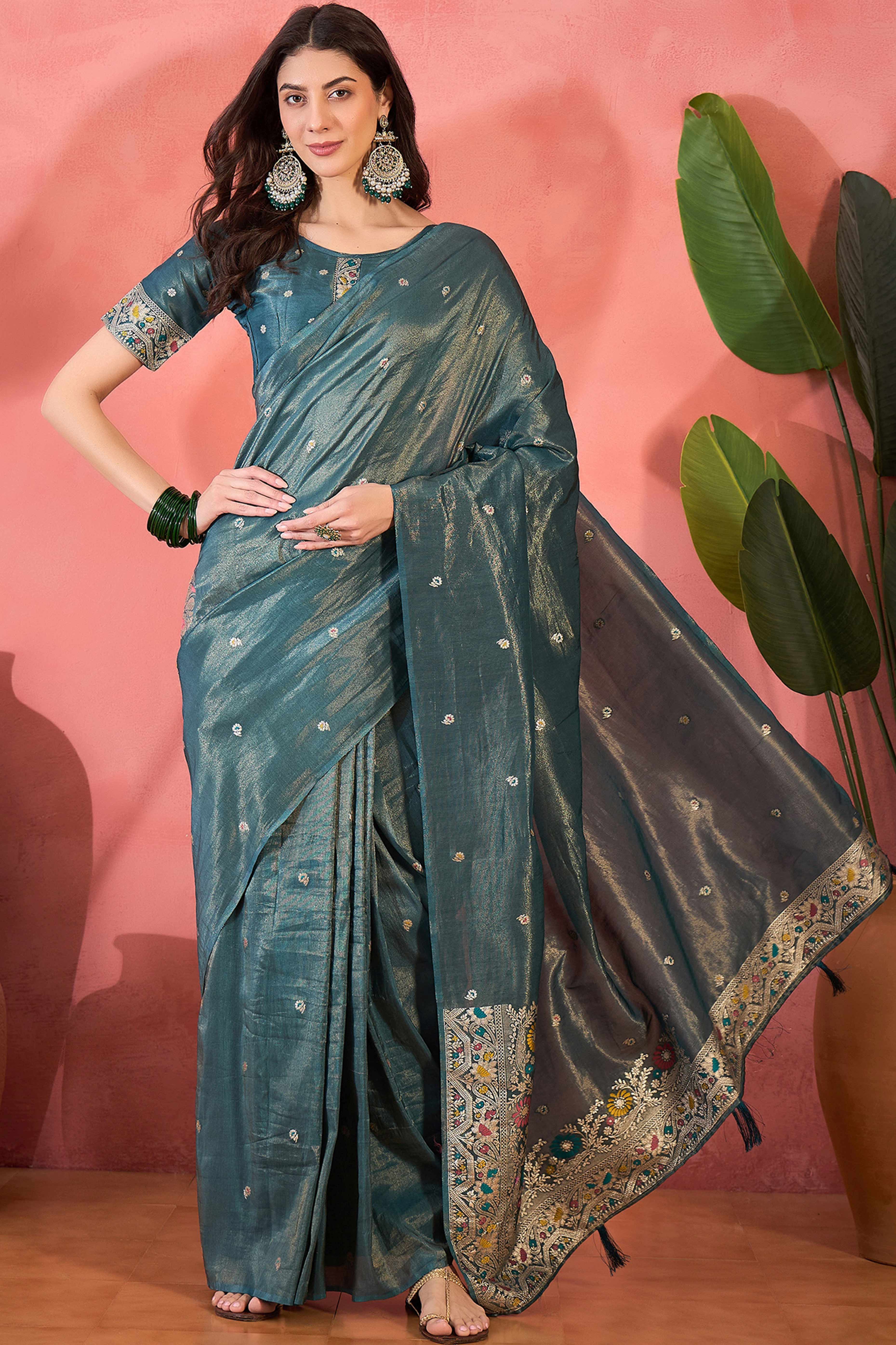 Floral Zari Woven Teal Blue Saree In Shimmer Finish With Elegant Tassel Pallu