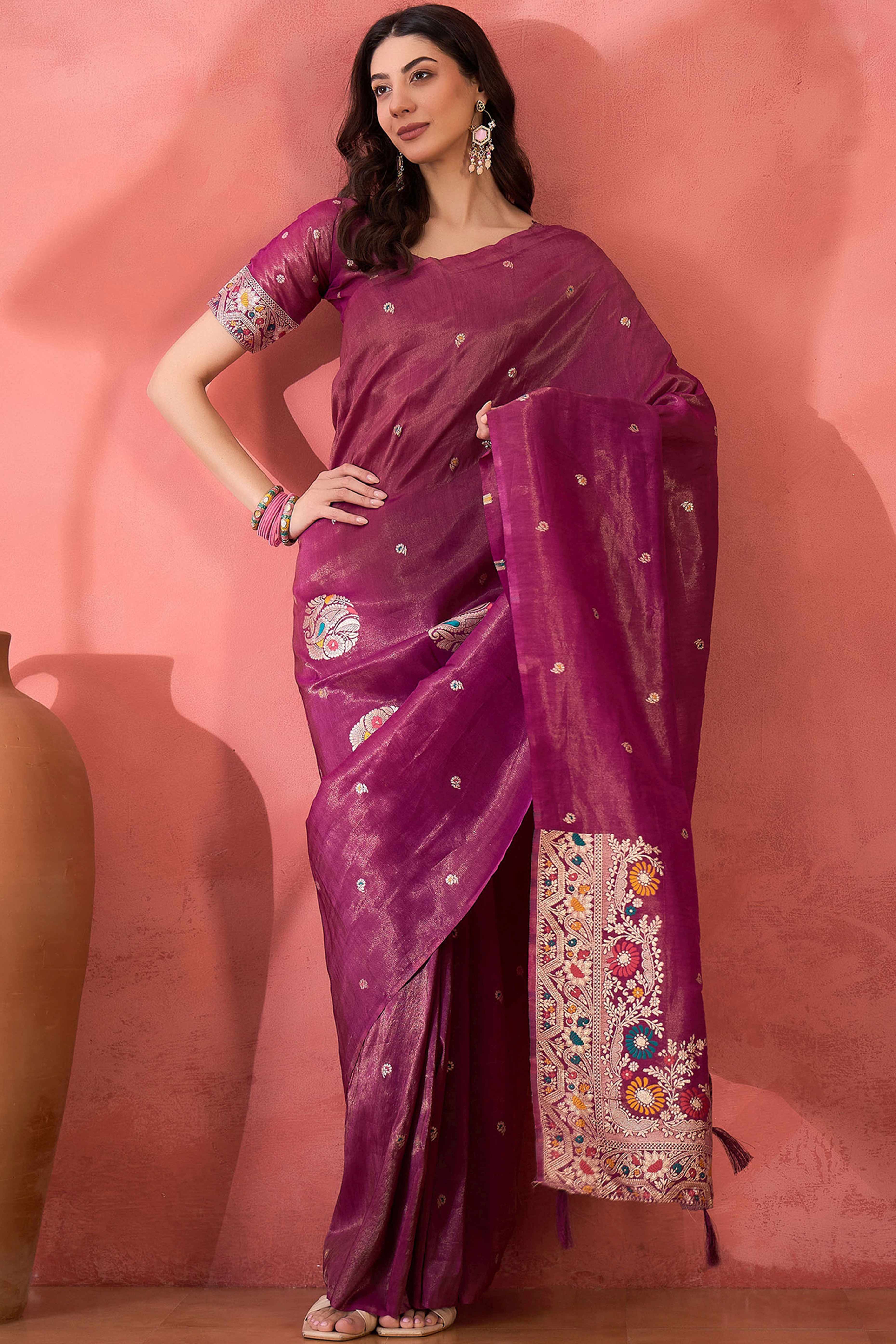 Floral Zari Woven Wine Saree In Shimmer Finish With Elegant Tassel Pallu