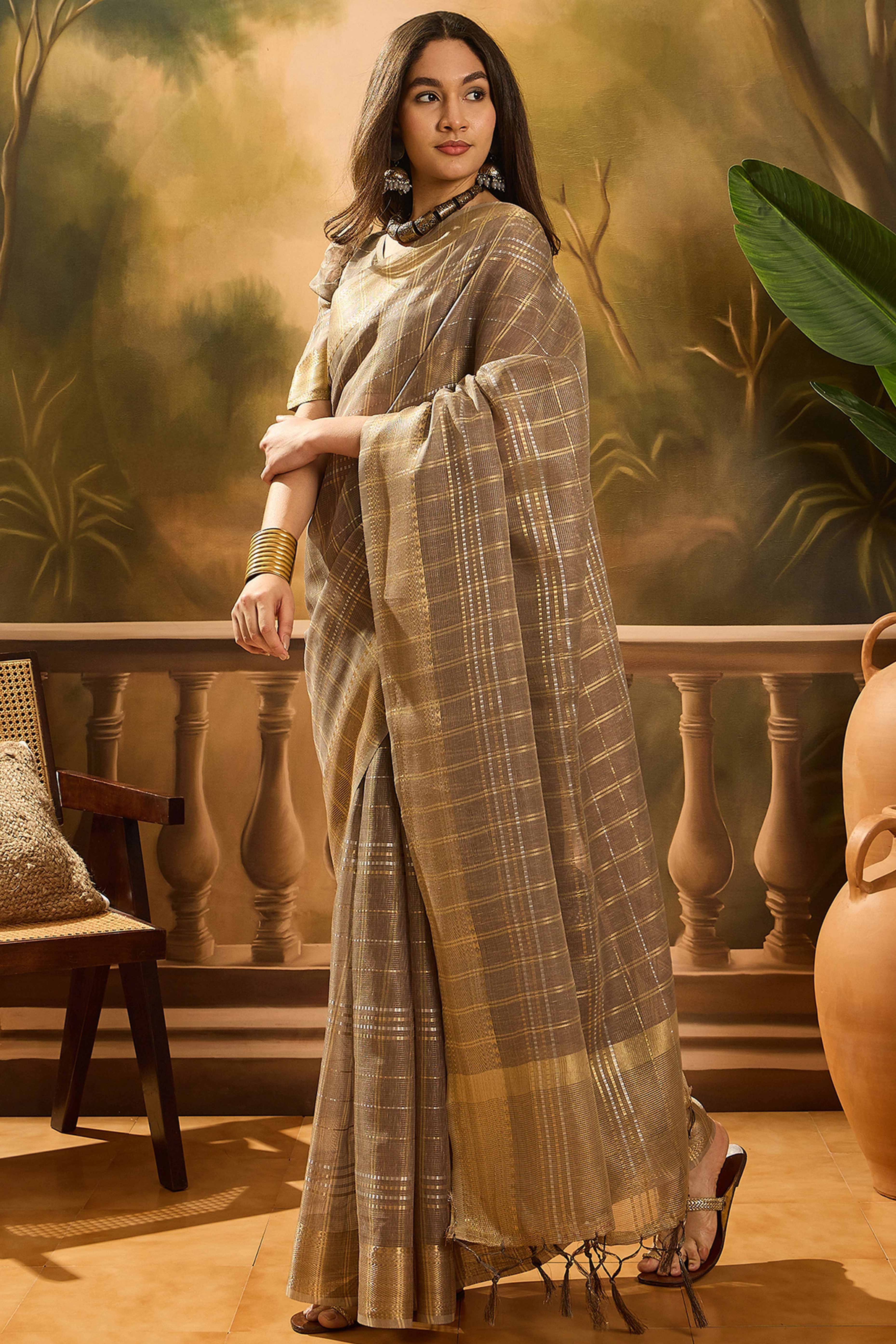 Taupe Zari Woven Khadi Organza Saree Featuring Classic Checks & Tassel Detailing