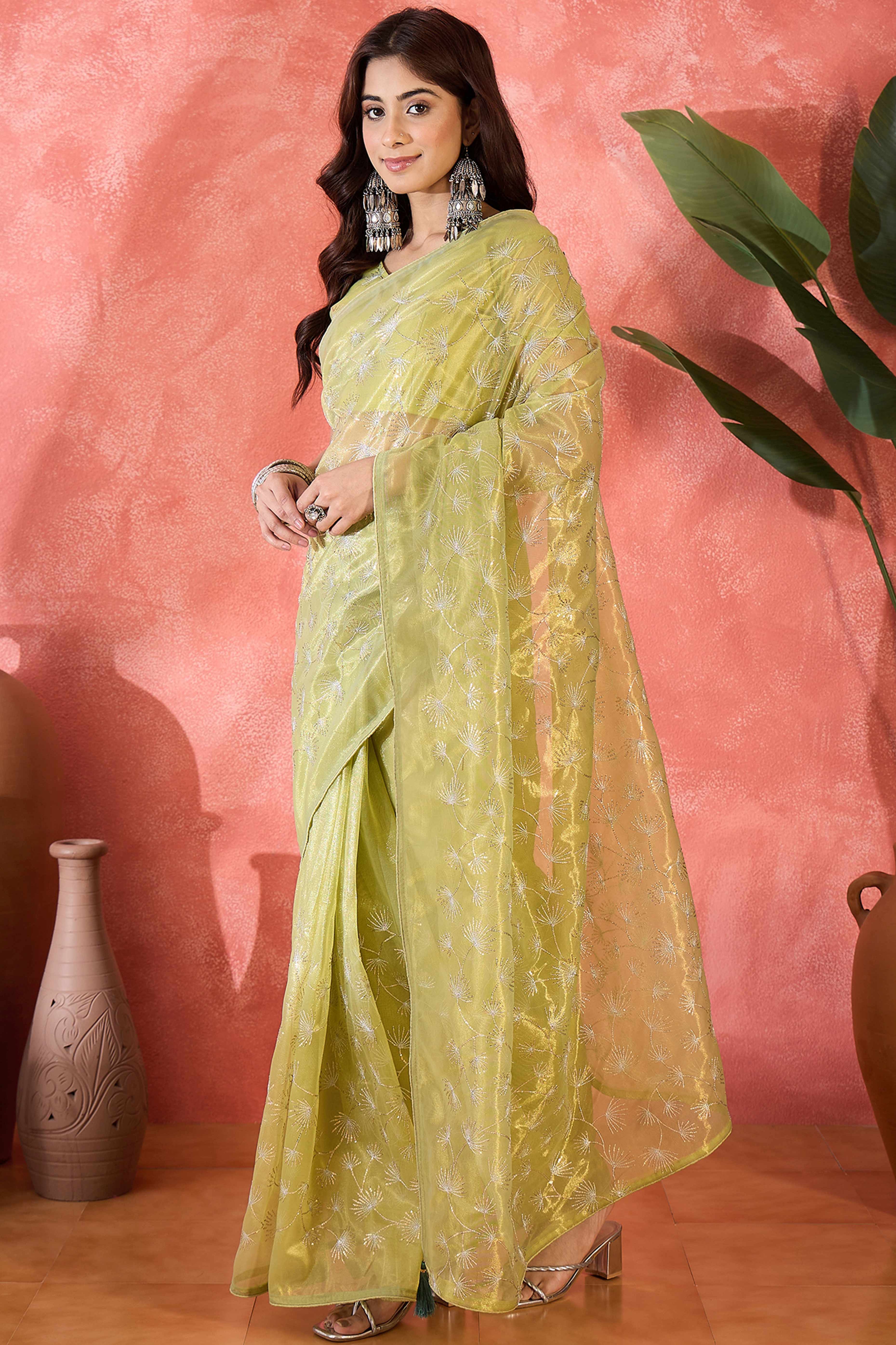 Lime Green Twill Net Saree With Intricate Floral Sequin Work & Flowing Tassel Pallu