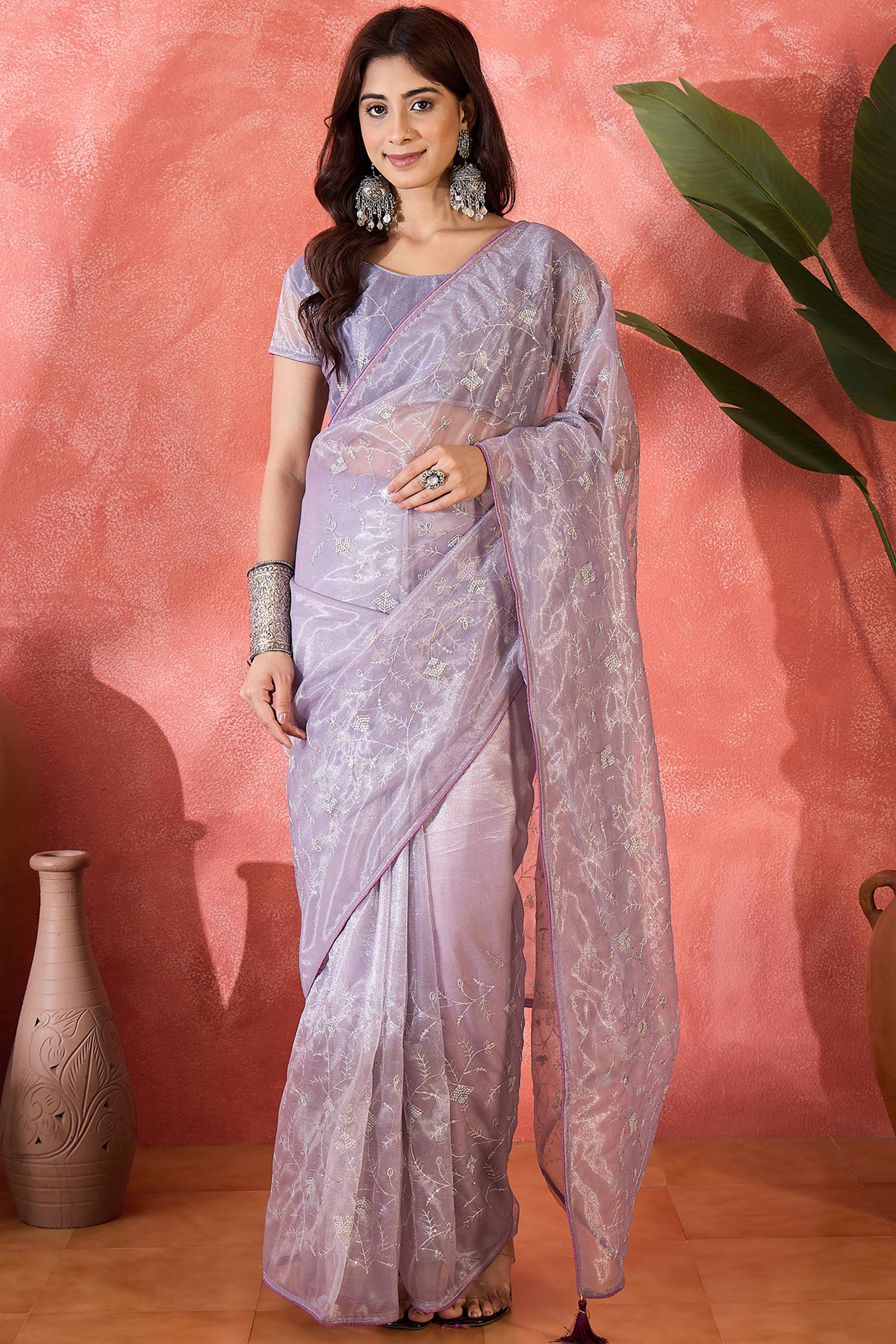 Lavender Floral Sequin Embellished Saree In Twill Net With Tassel Accents