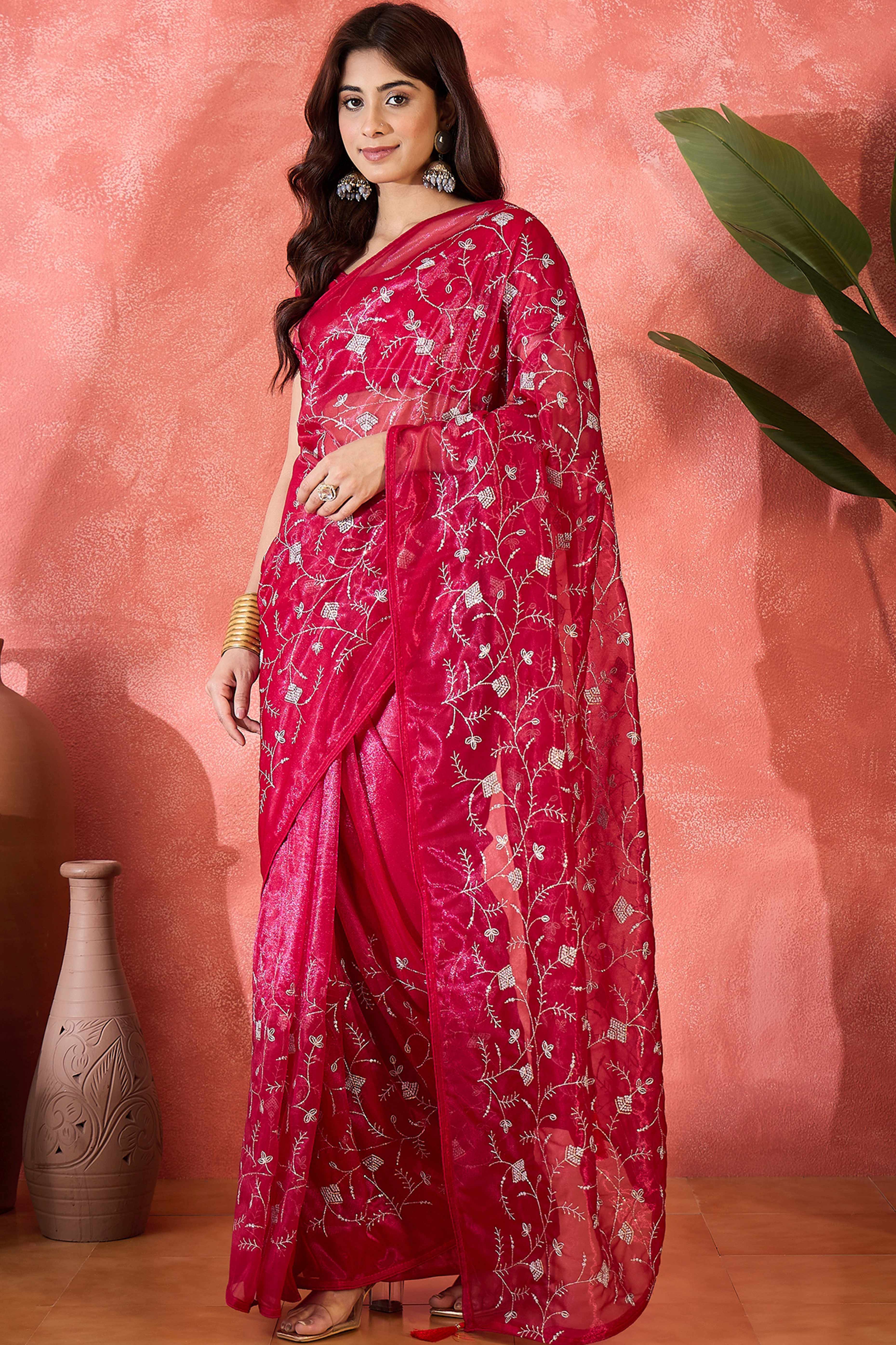 Pink Floral Sequin Embellished Saree In Twill Net With Tassel Accents