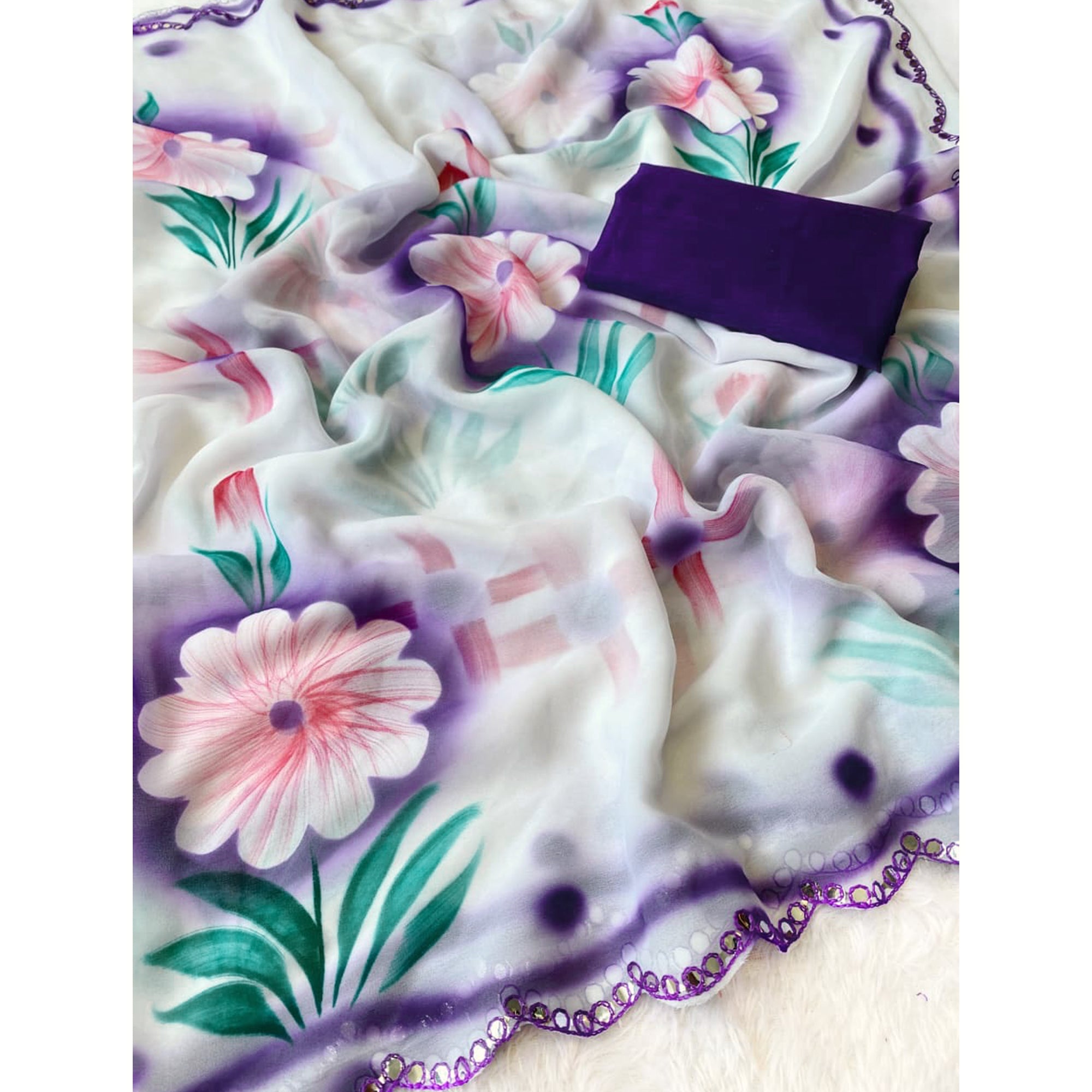 Charming Purple Floral Digital Print Saree Crafted In Georgette With Stylish Embroidered Border