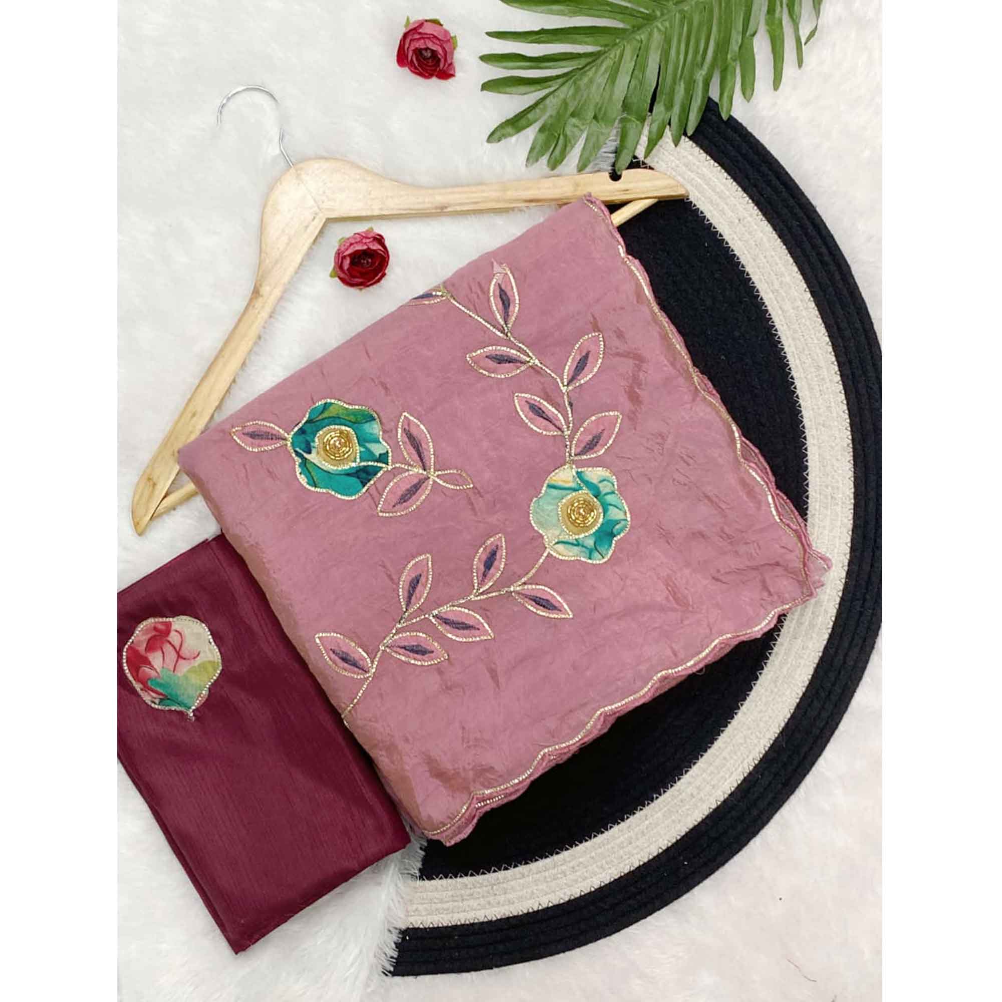 Mauve Crush-Style Silk Blend Saree Enhanced with Beautiful Patch Work Embroidery