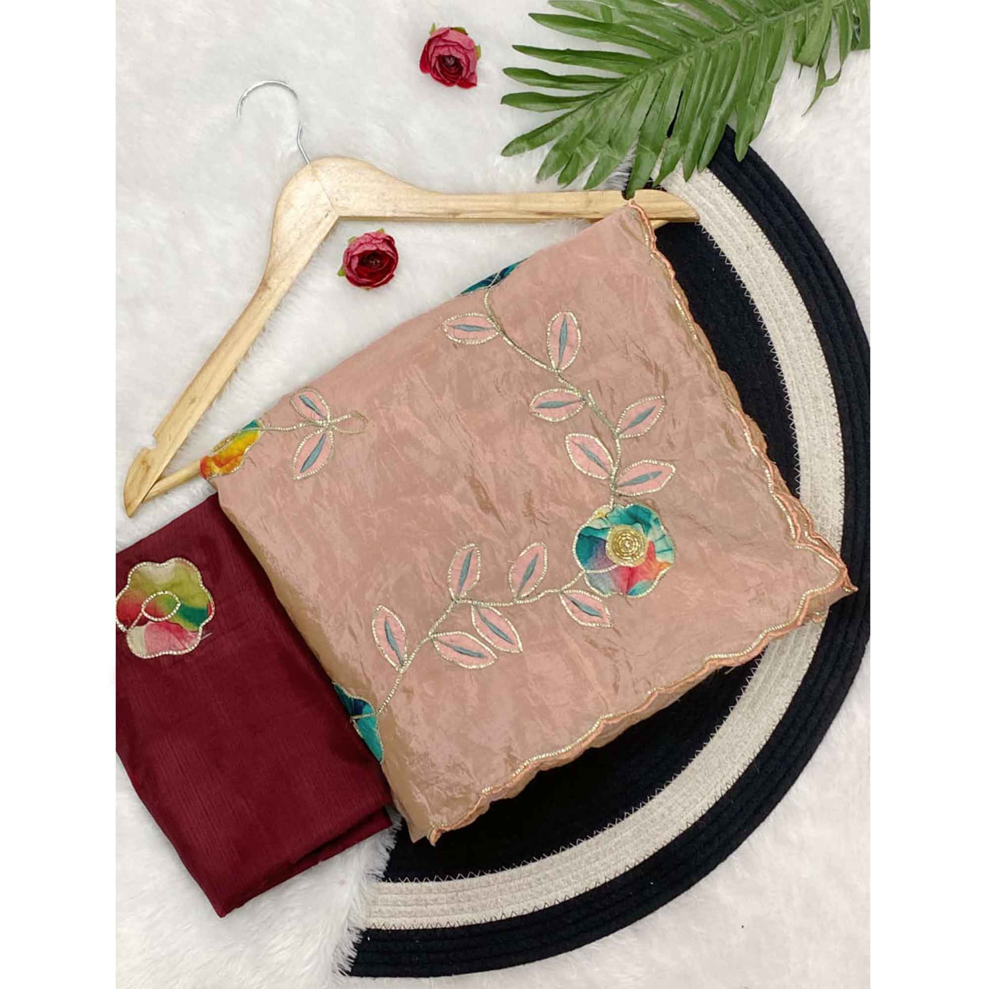 Peach Crush-Style Silk Blend Saree Enhanced with Beautiful Patch Work Embroidery