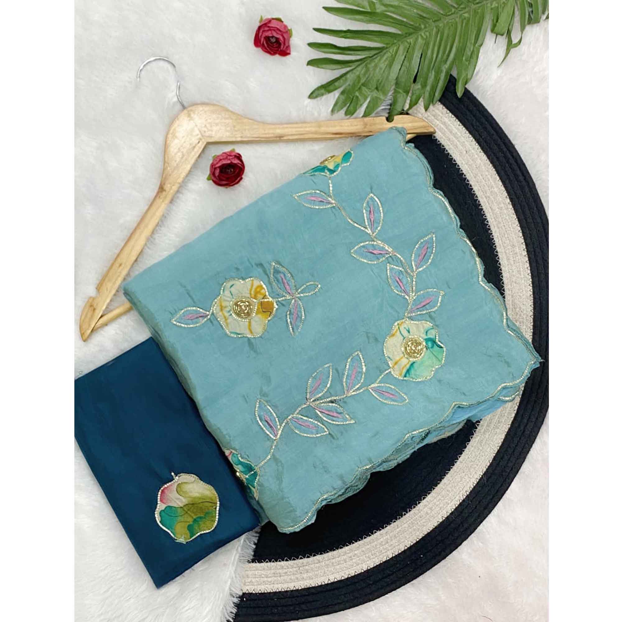 Sky Blue Crush-Style Silk Blend Saree Enhanced with Beautiful Patch Work Embroidery