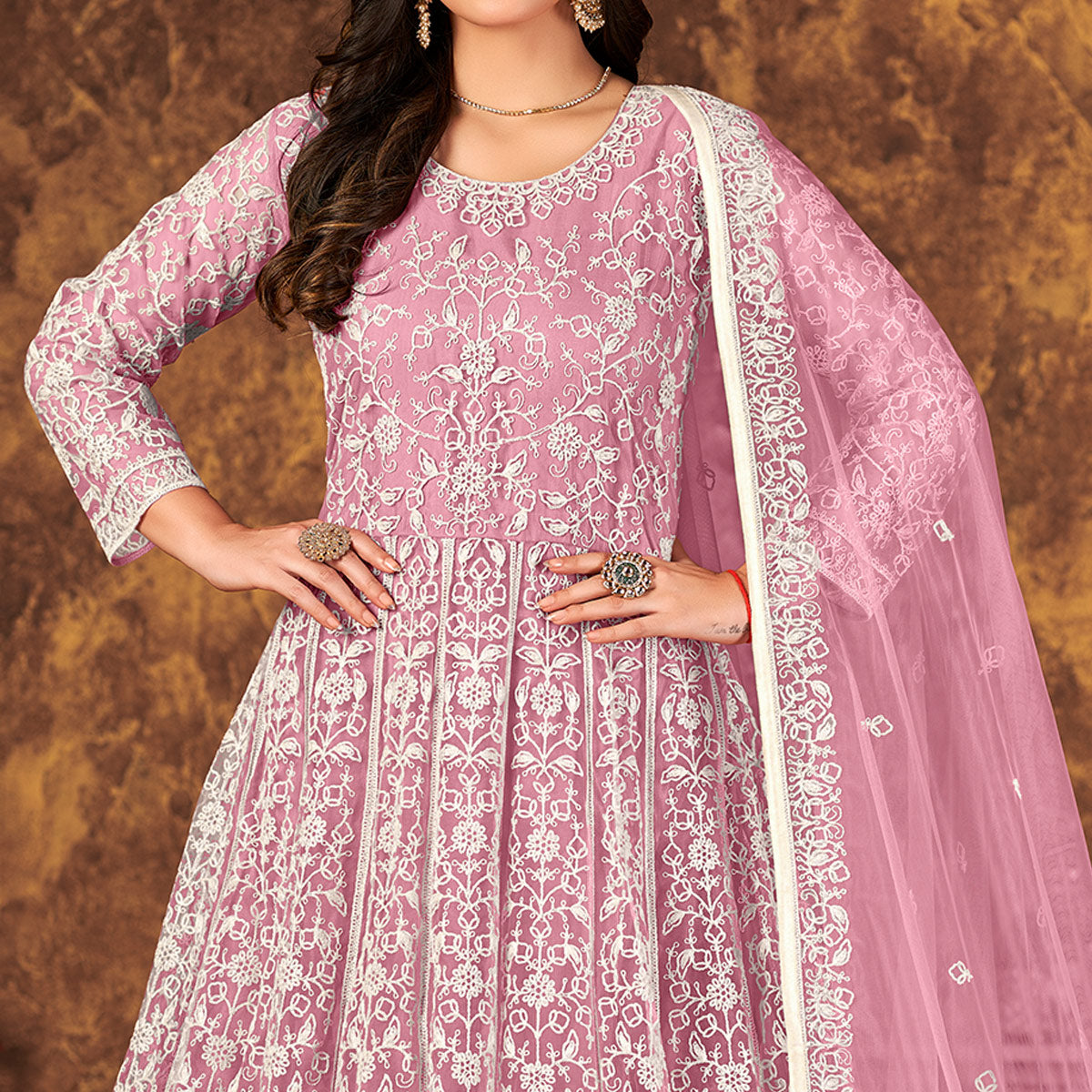 Pink Floral Embroidered Net Semi Stitched Dress Material