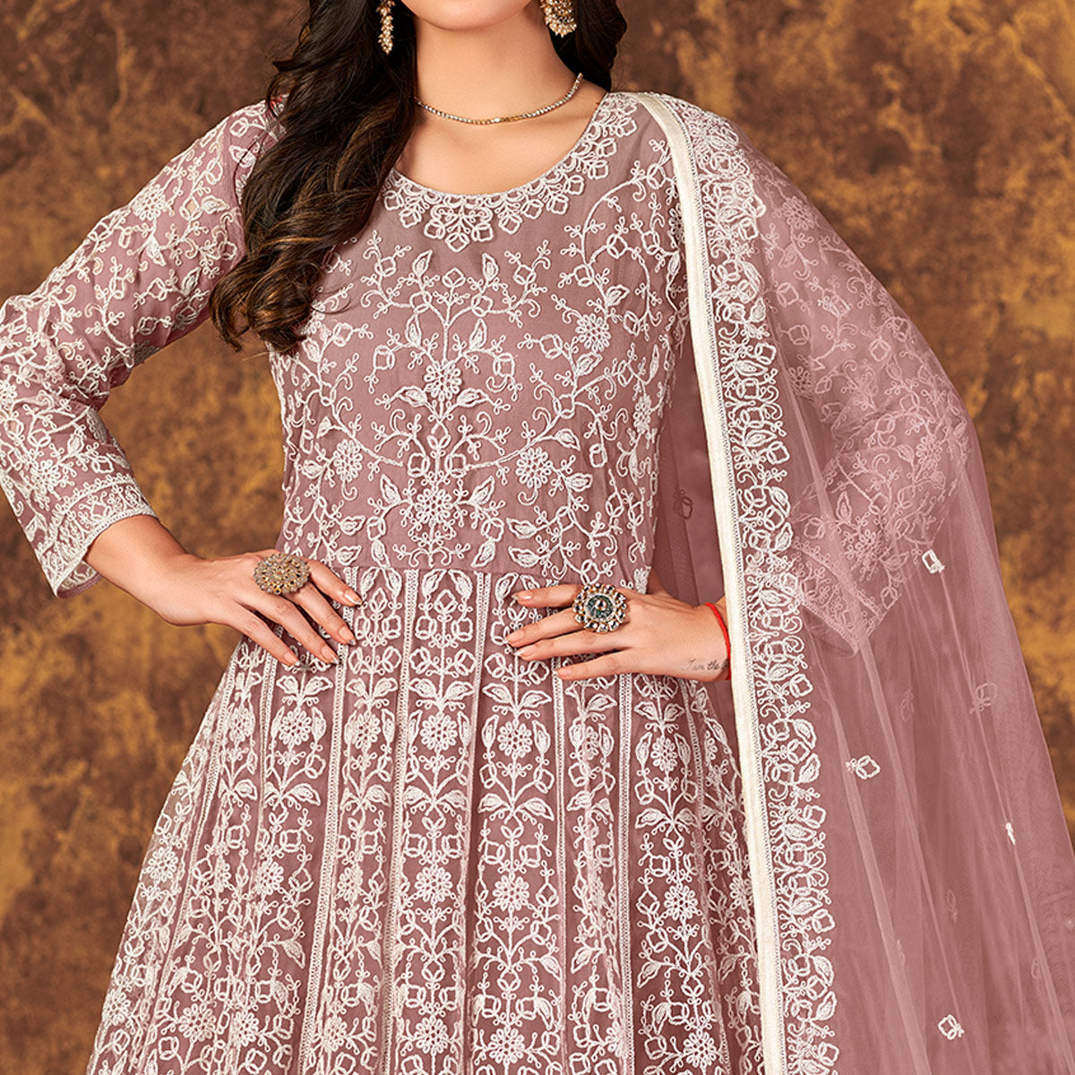 Mauve Floral Embroidered Net Semi Stitched Dress Material