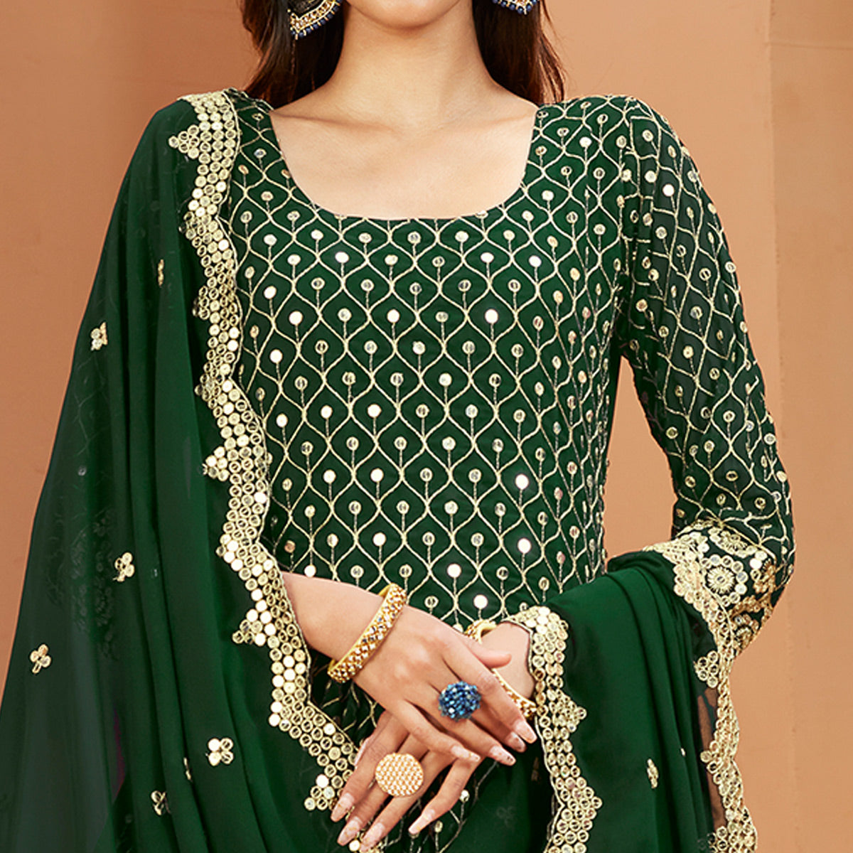 Green Sequins Embroidered Georgette Semi Stitched Anarkali Suit