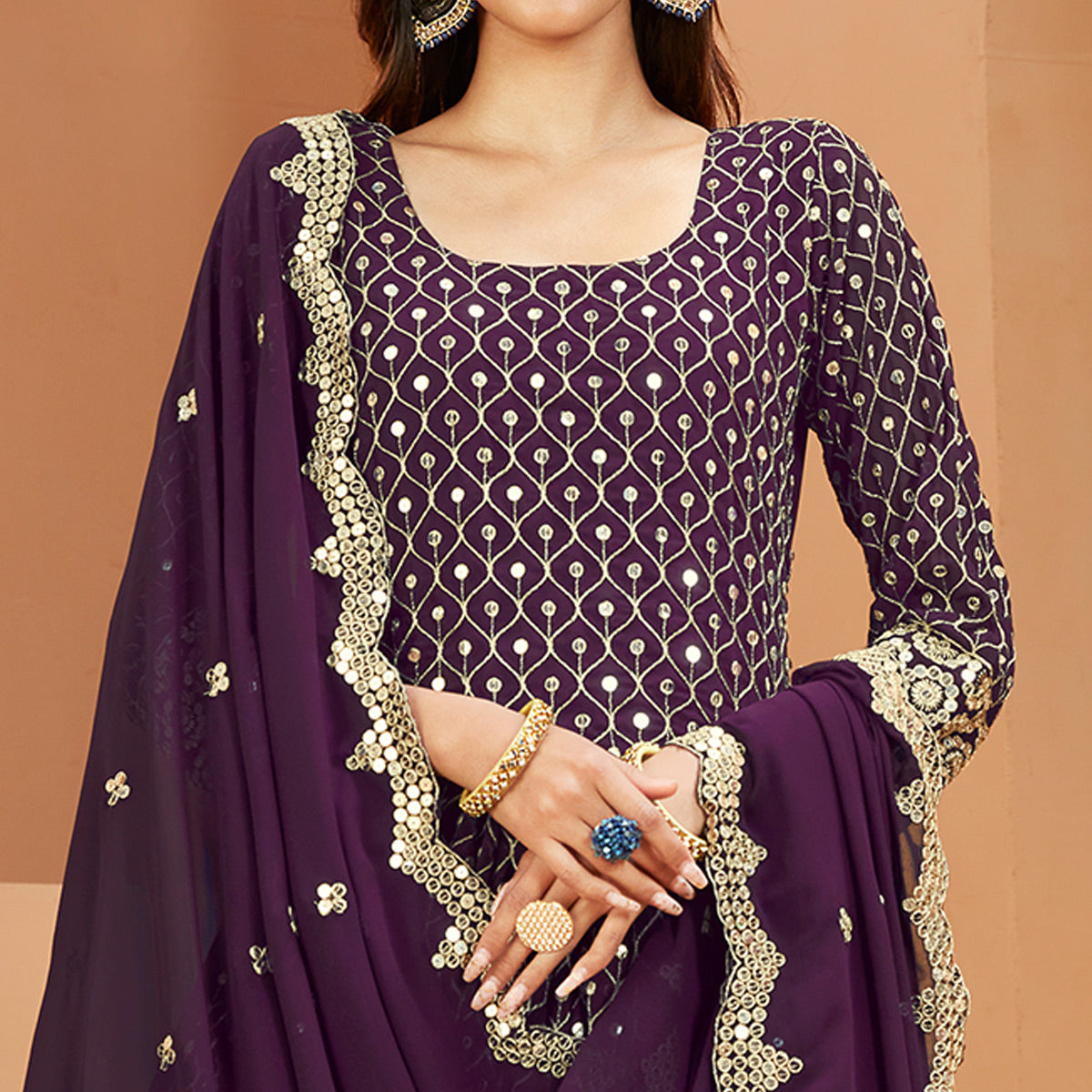 Purple Sequins Embroidered Georgette Semi Stitched Anarkali Suit