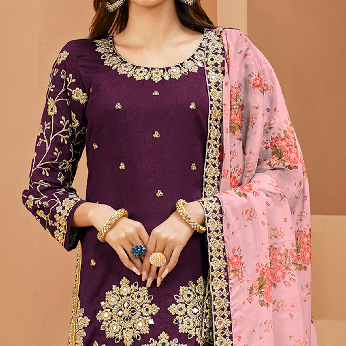 Purple Floral Embroidered Art Silk Semi Stitched Patiala Suit