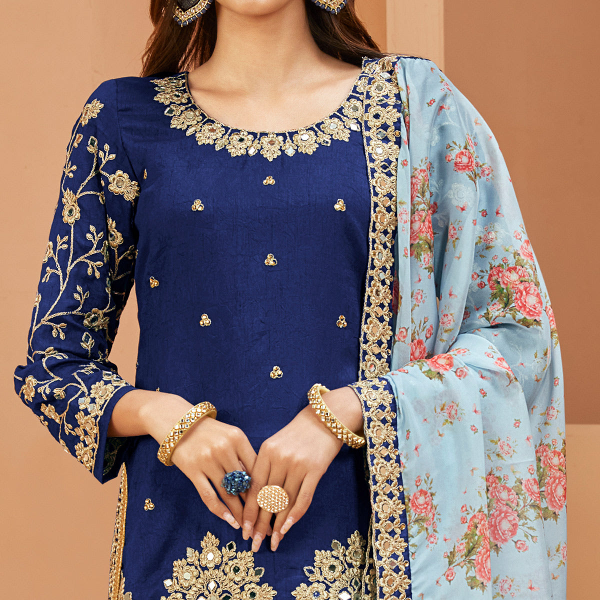 Blue Floral Embroidered Art Silk Semi Stitched Patiala Suit
