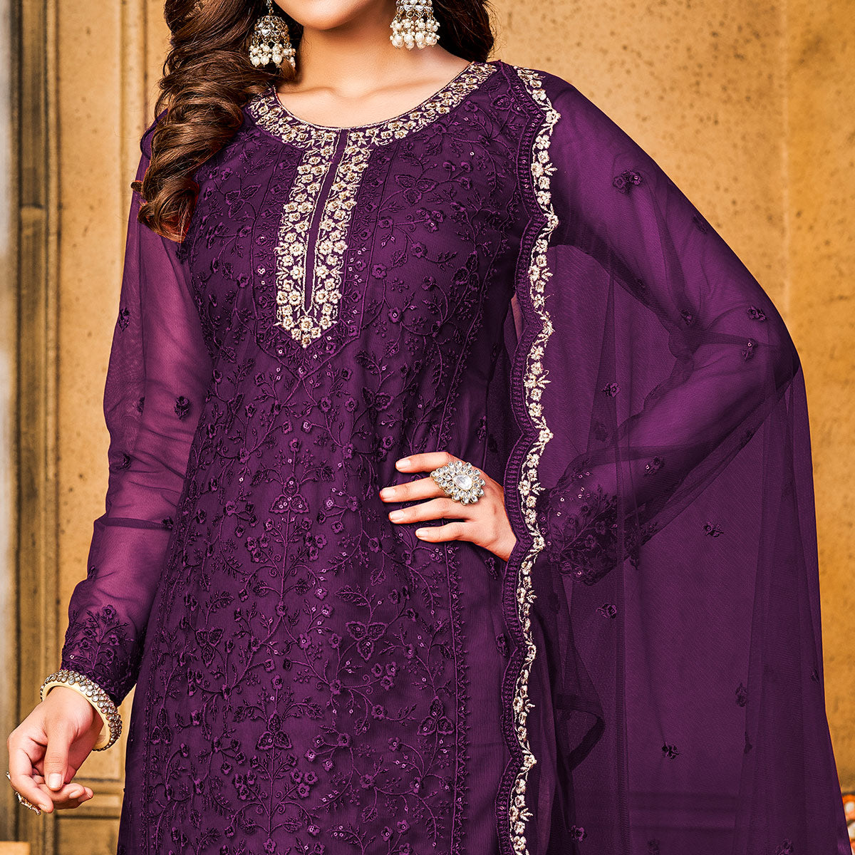 Purple Sequins Floral Embroidered Net Semi Stitched Suit