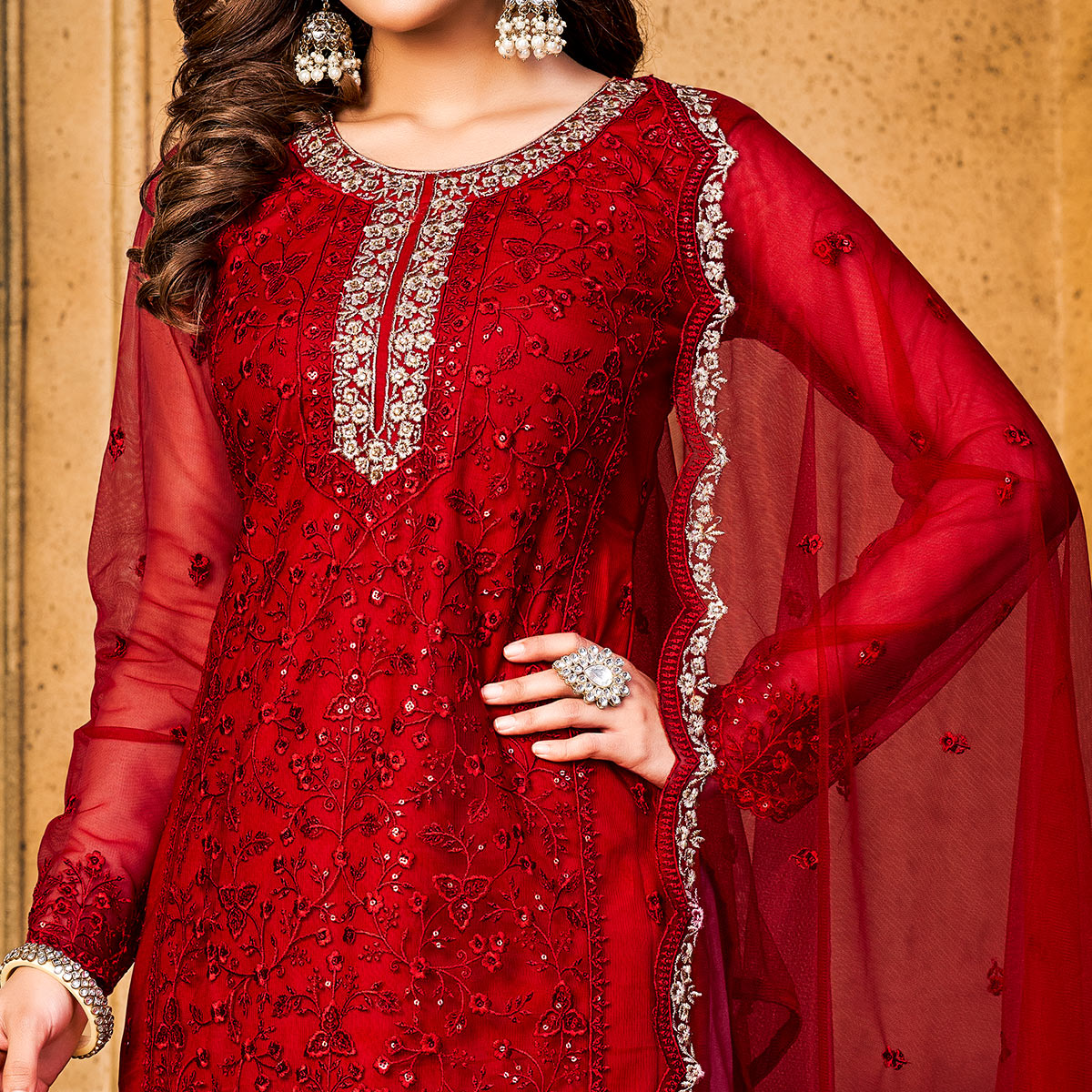 Red Sequins Floral Embroidered Net Semi Stitched Suit