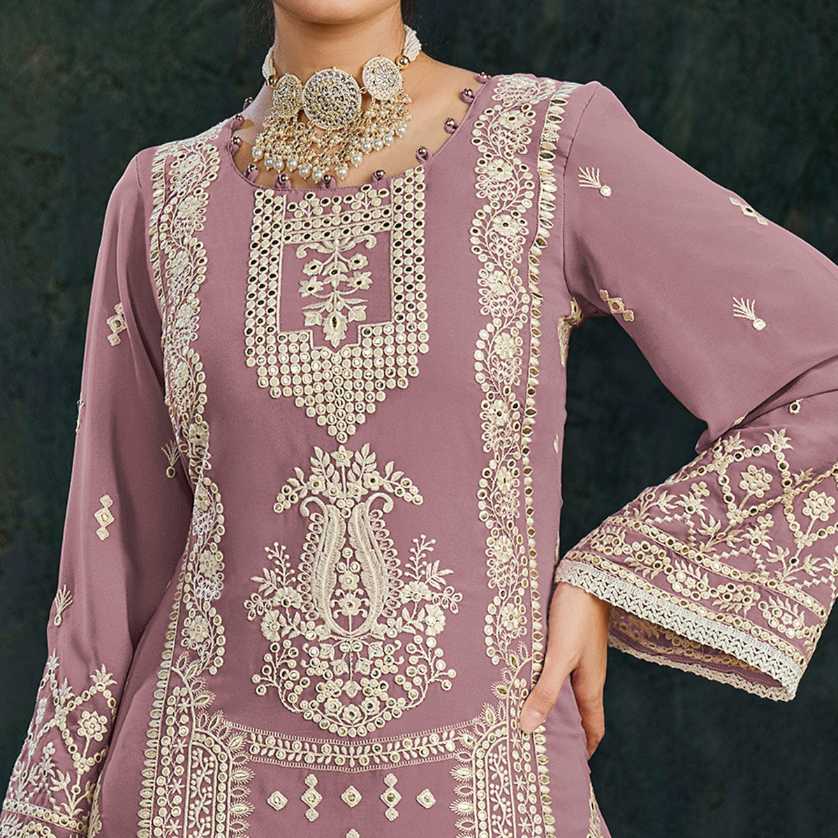 Mauve Floral Embroidered Georgette Semi Stitched Palazzo Suit