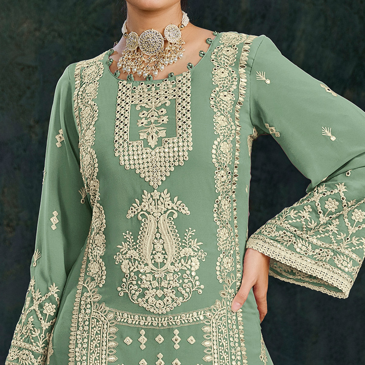 Green Floral Embroidered Georgette Semi Stitched Palazzo Suit