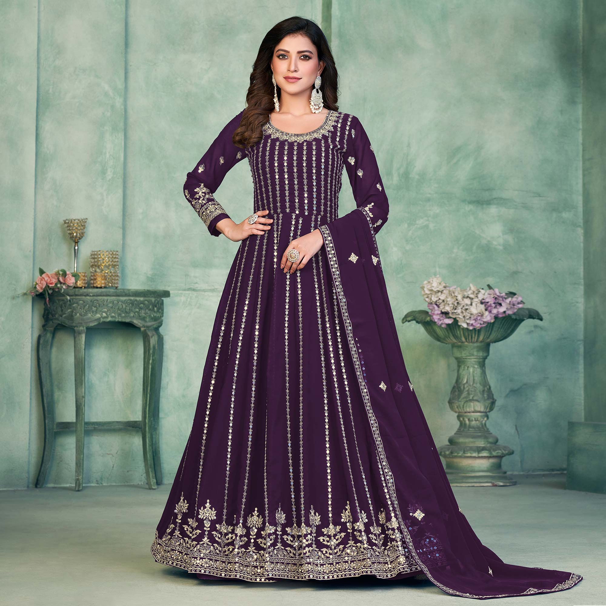 Purple Sequins Embroidered Georgette Semi Stitched Anarkali Suit
