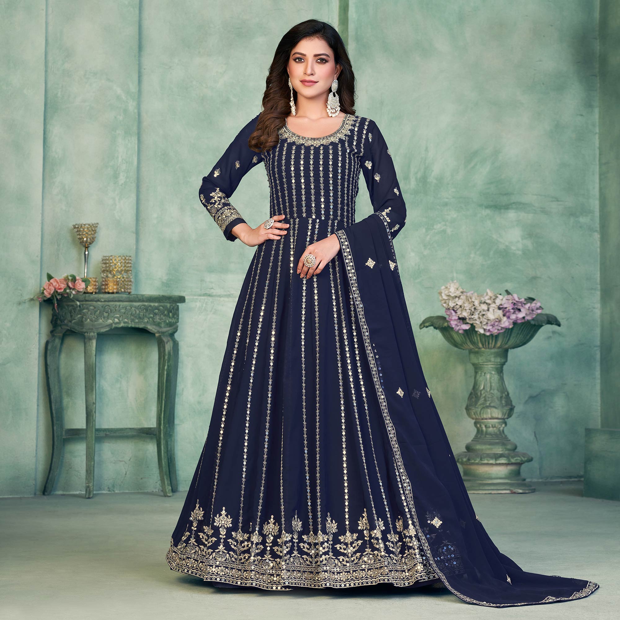 Blue Sequins Embroidered Georgette Semi Stitched Anarkali Suit