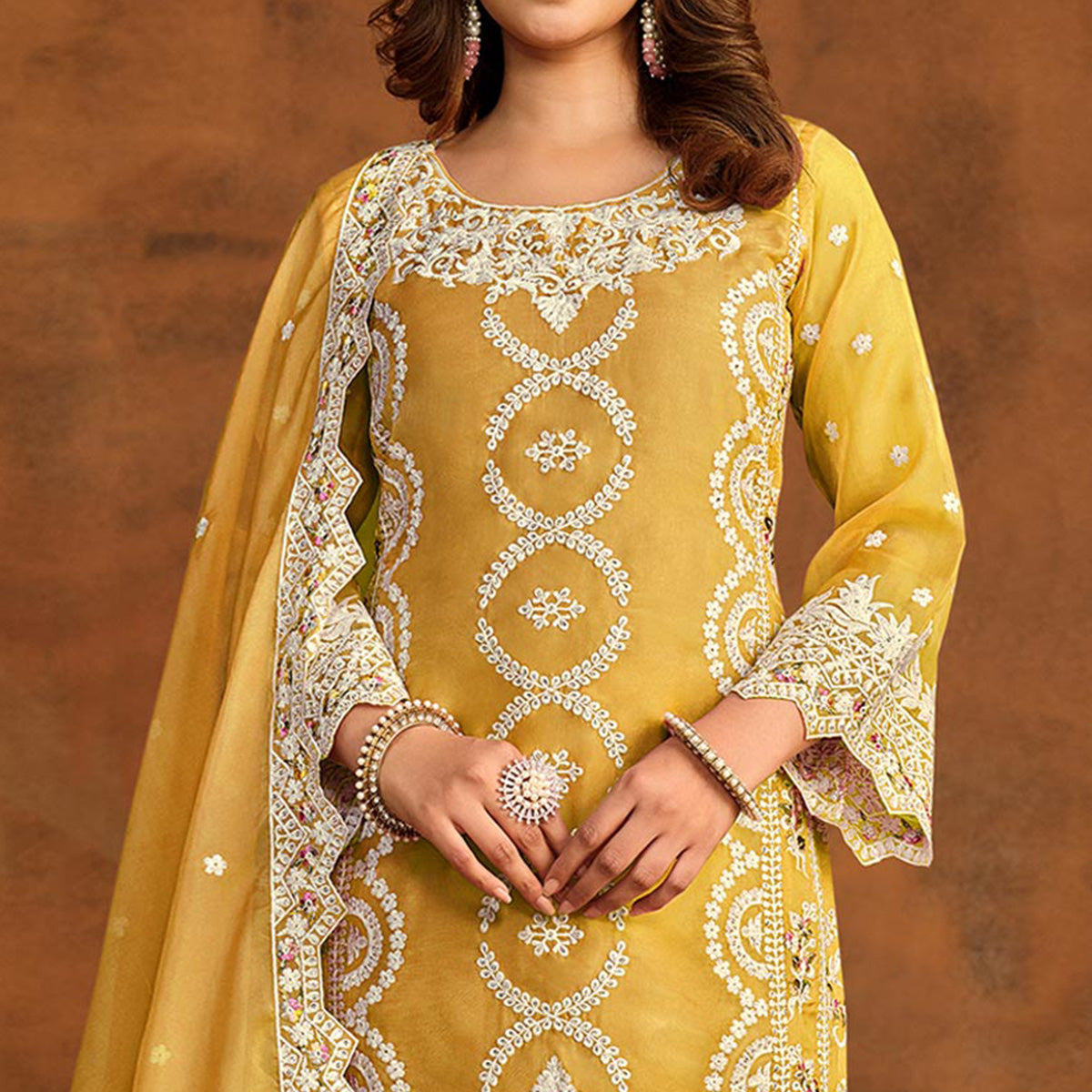 Yellow Floral Embroidered Soft Organza Semi Stithed Suit