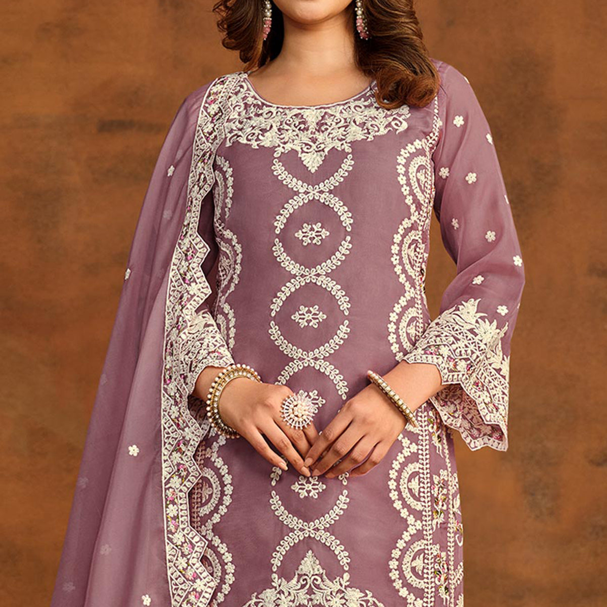Mauve Floral Embroidered Soft Organza Semi Stithed Suit