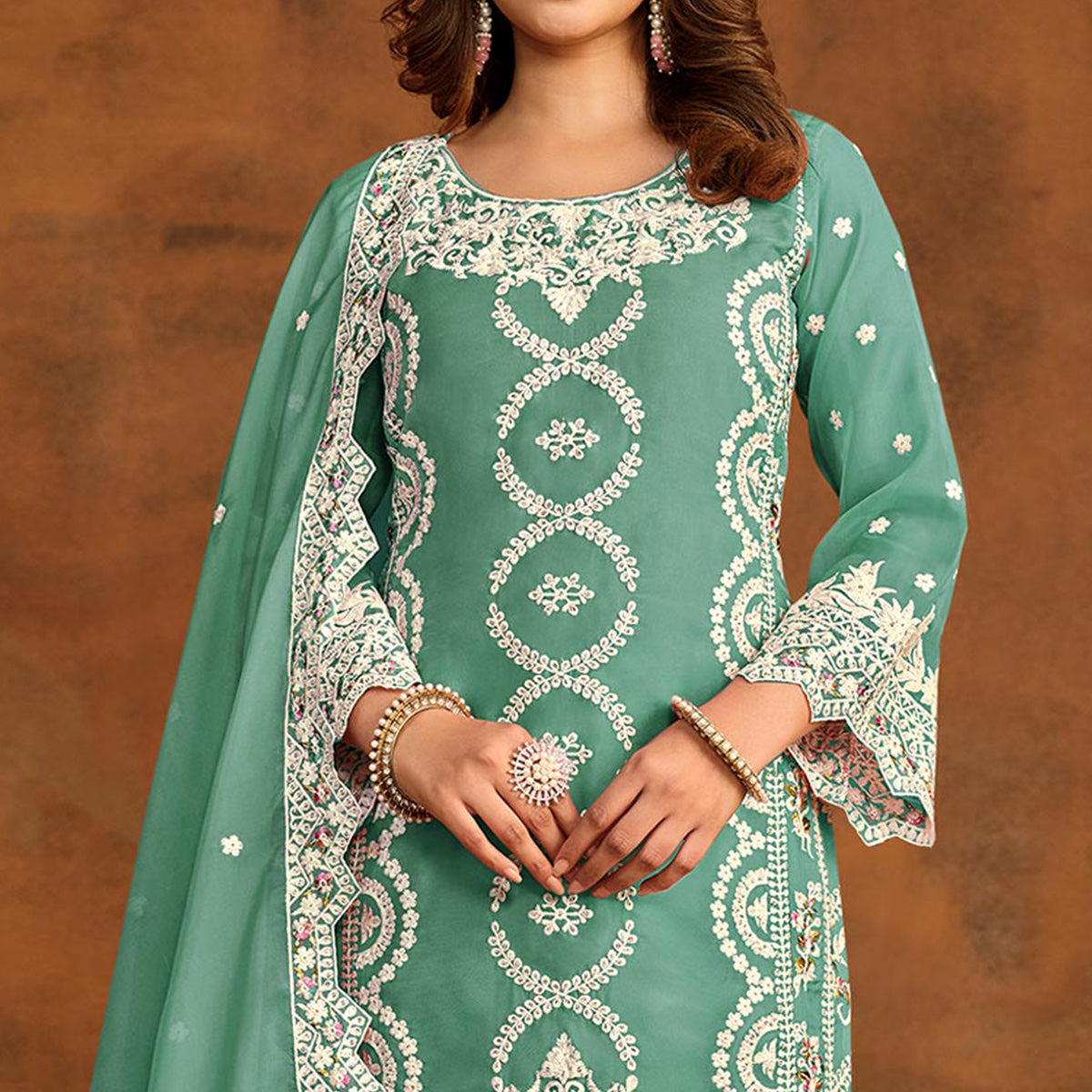 Sea Green Floral Embroidered Soft Organza Semi Stithed Suit