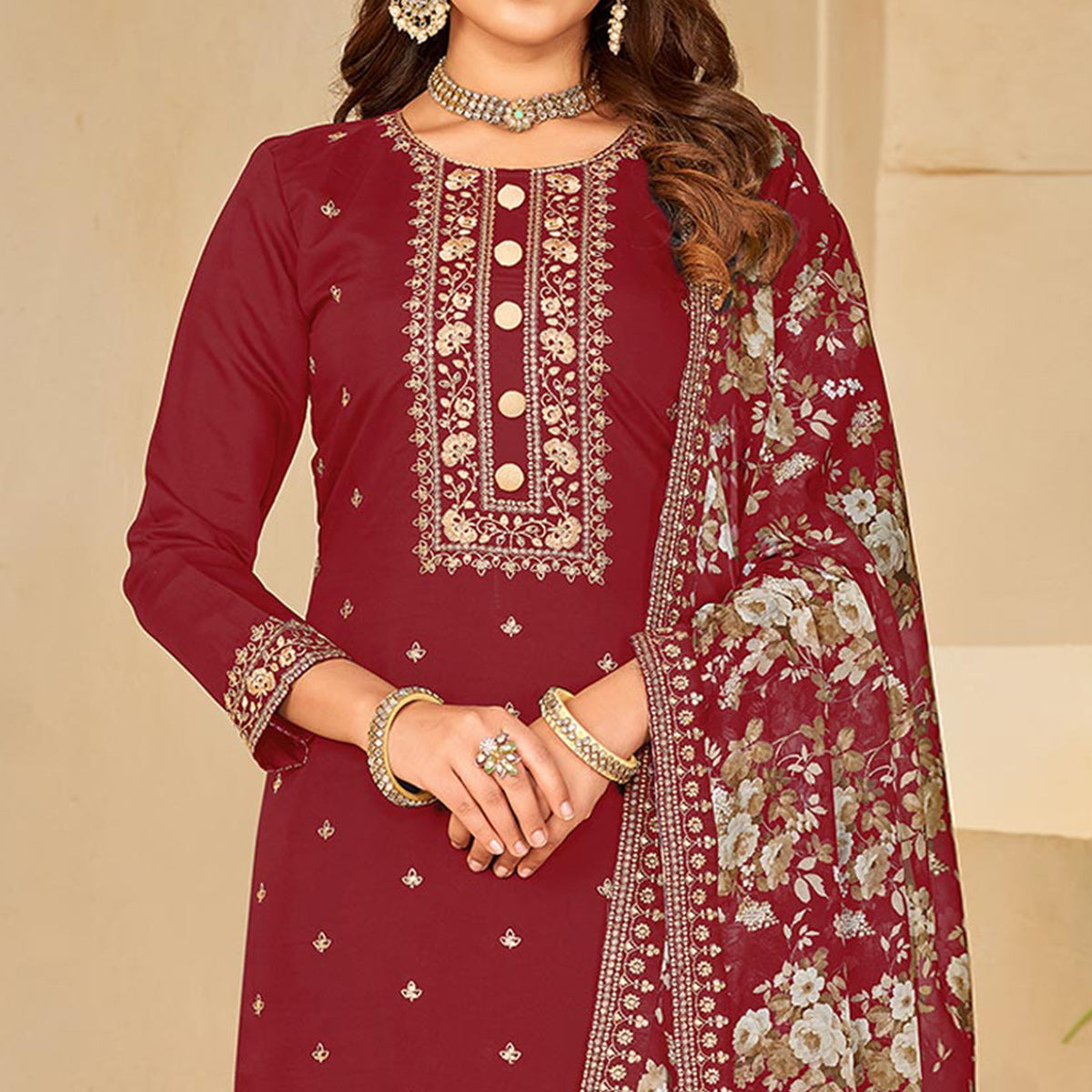 Maroon Embroidered Pure Silk Semi Stitched Suit