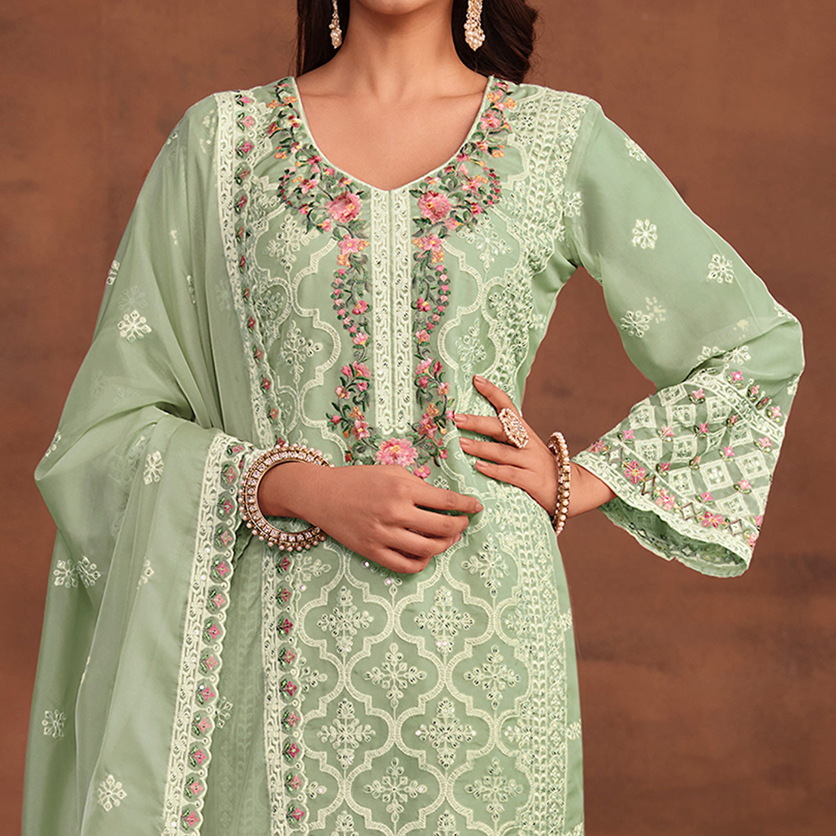 Green Floral Embroidered Organza Semi Stitched Suit