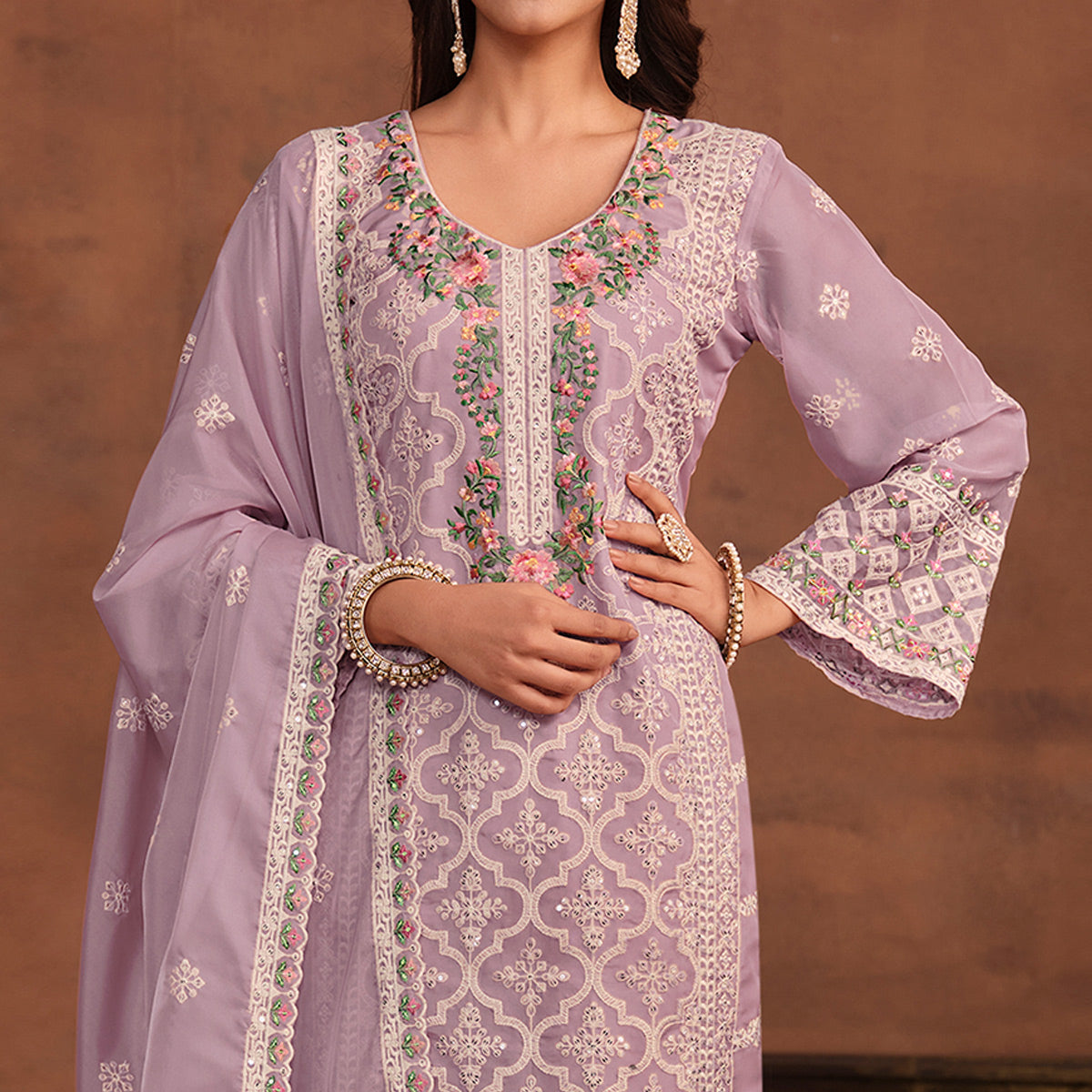 Purple Floral Embroidered Organza Semi Stitched Suit