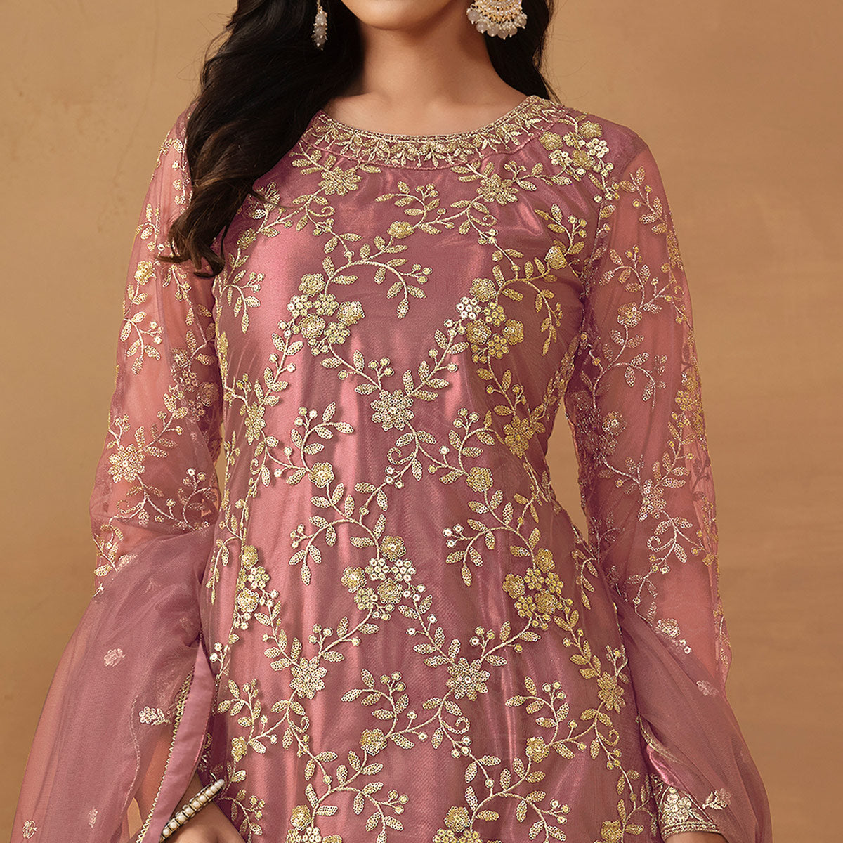 Pink Floral Embroidered Net Semi Stitched Sharara Suit