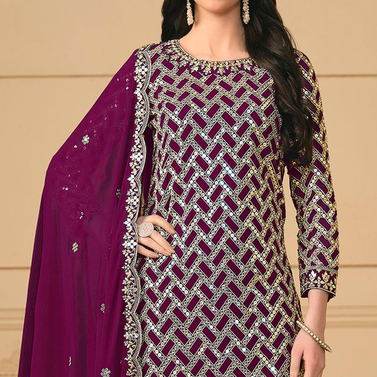 Purple Sequins Embroidered Georgette Semi Stitched Sharara Suit