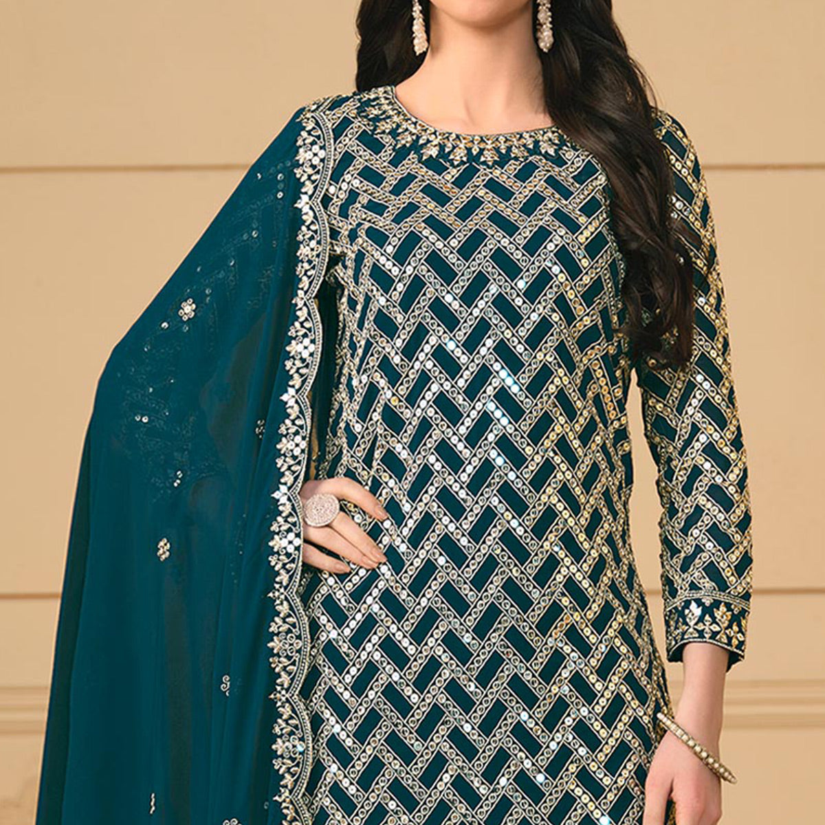 Teal Sequins Embroidered Georgette Semi Stitched Sharara Suit