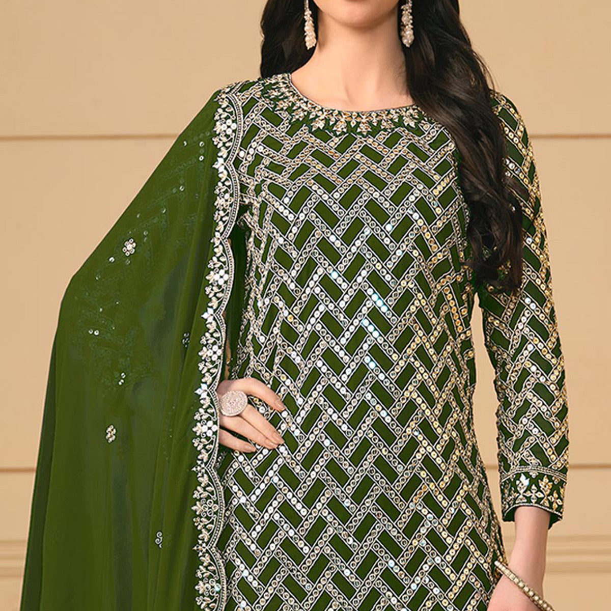 Green Sequins Embroidered Georgette Semi Stitched Sharara Suit
