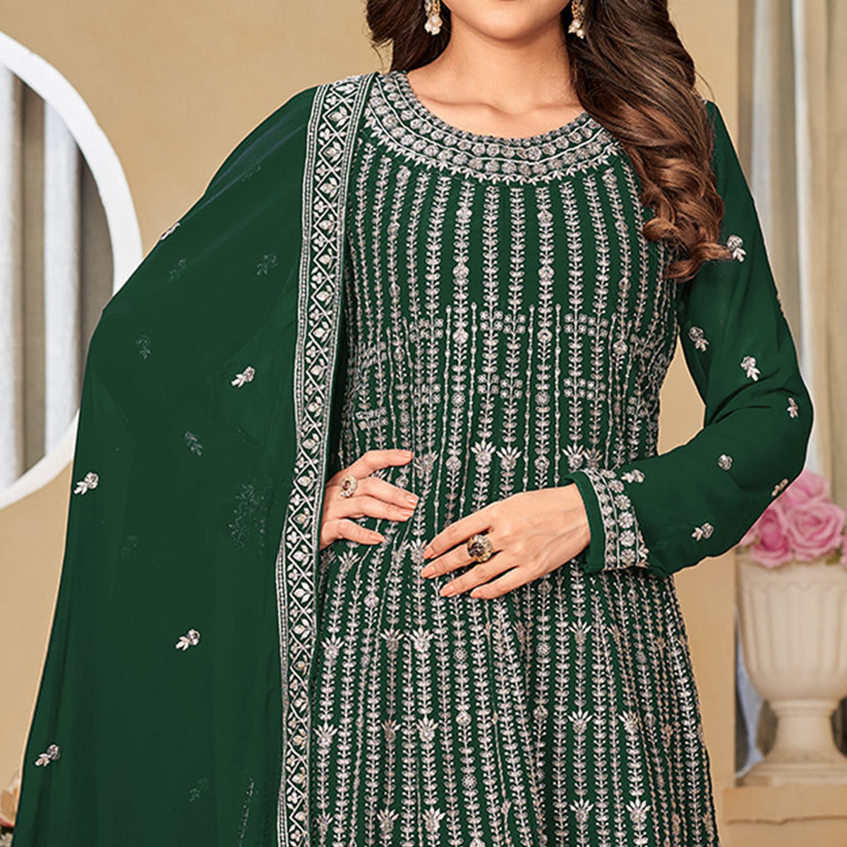 Green Floral Sequins Embroidered Georgette Semi Stitched Sharara Suit