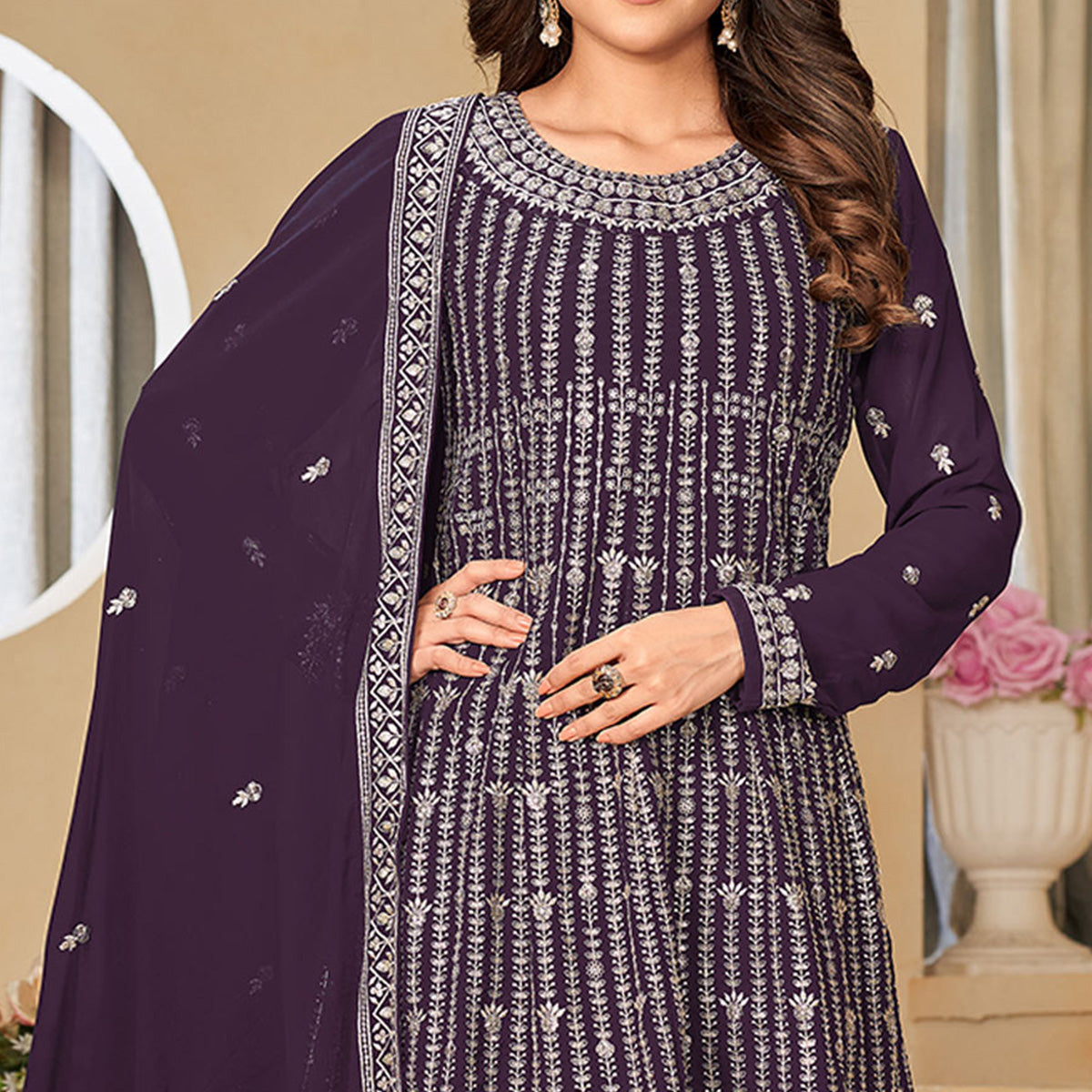 Purple Floral Sequins Embroidered Georgette Semi Stitched Sharara Suit