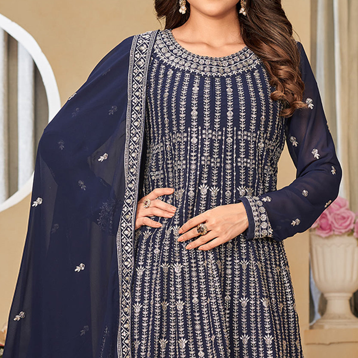 Navy Blue Floral Sequins Embroidered Georgette Semi Stitched Sharara Suit
