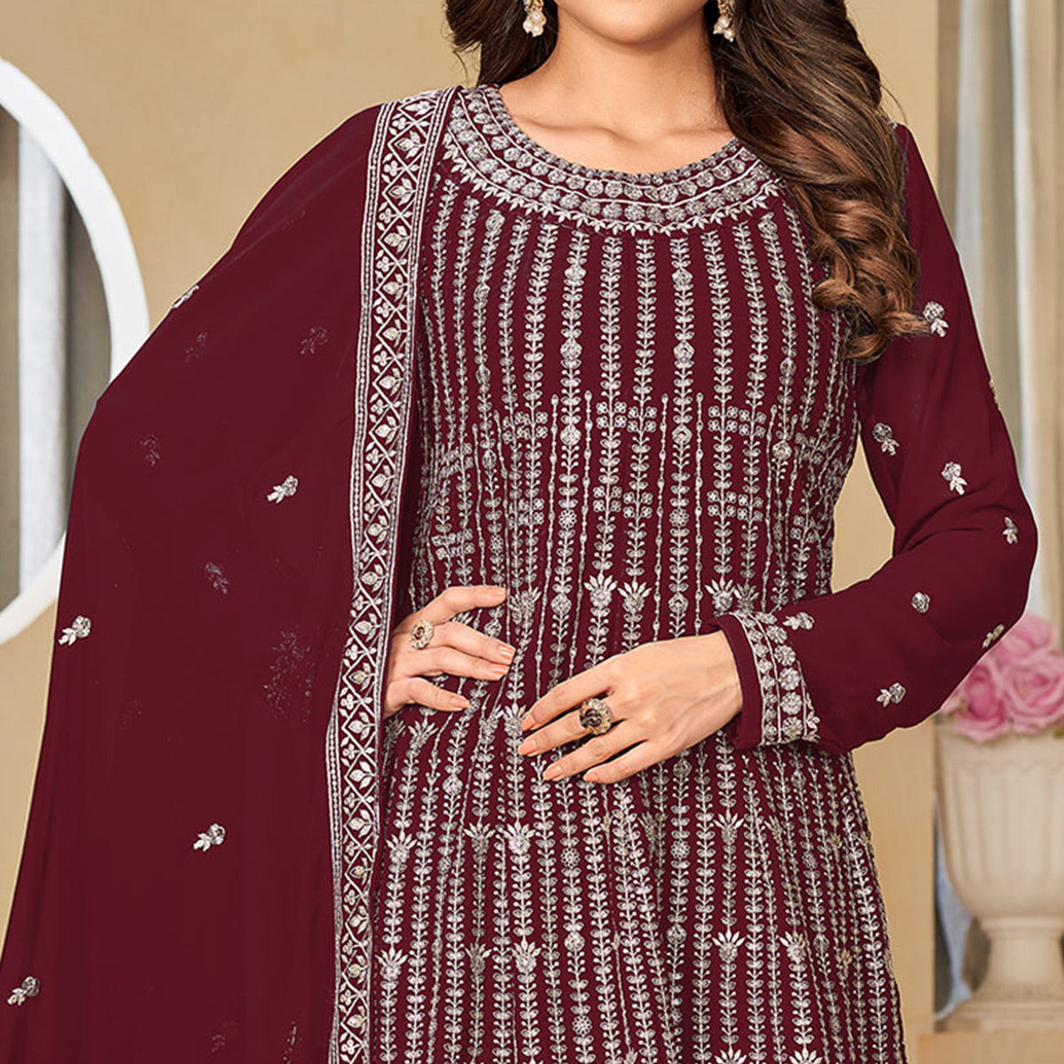 Maroon Floral Sequins Embroidered Georgette Semi Stitched Sharara Suit
