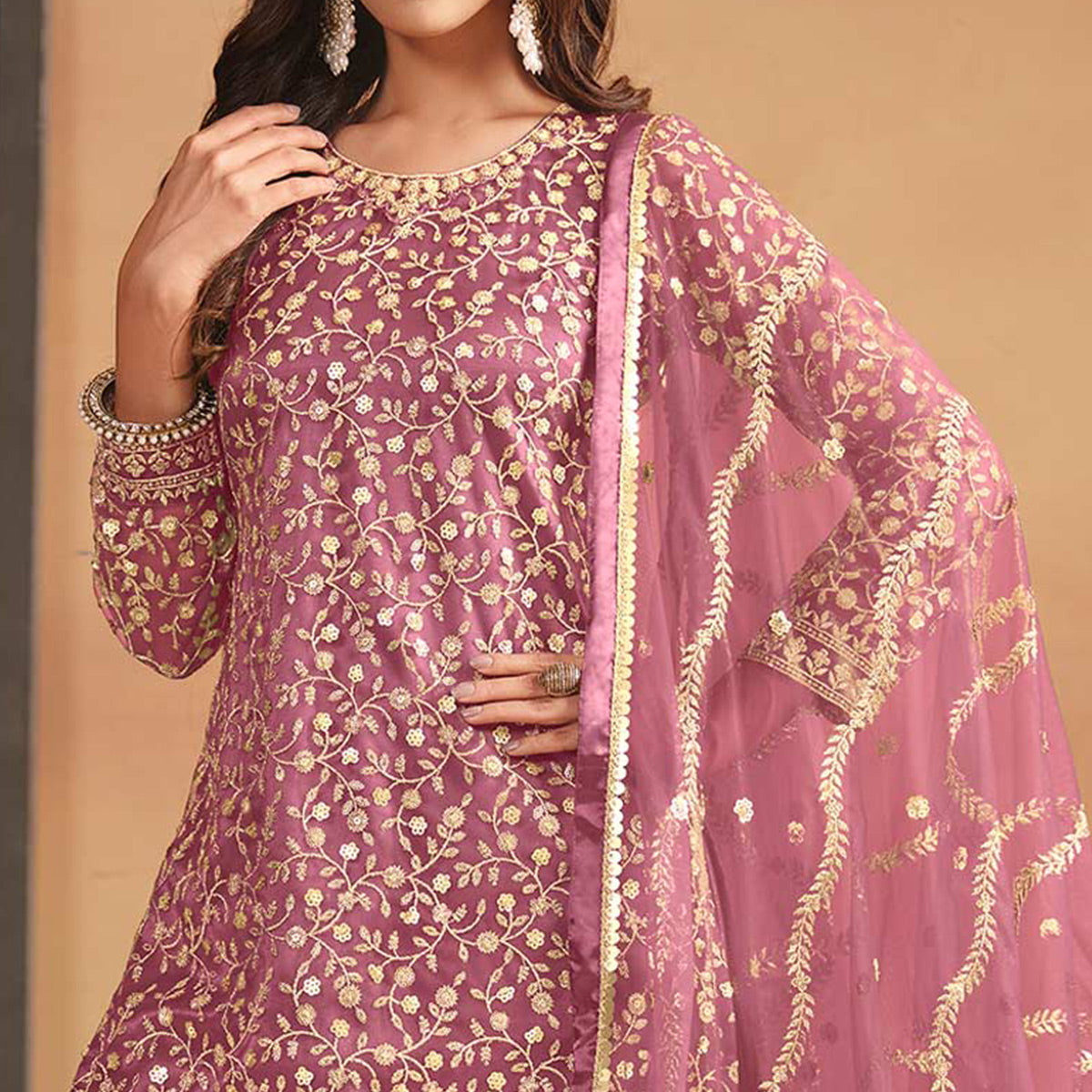 Pink Floral Sequins Embroidered Georgette Semi Stitched Sharara Suit