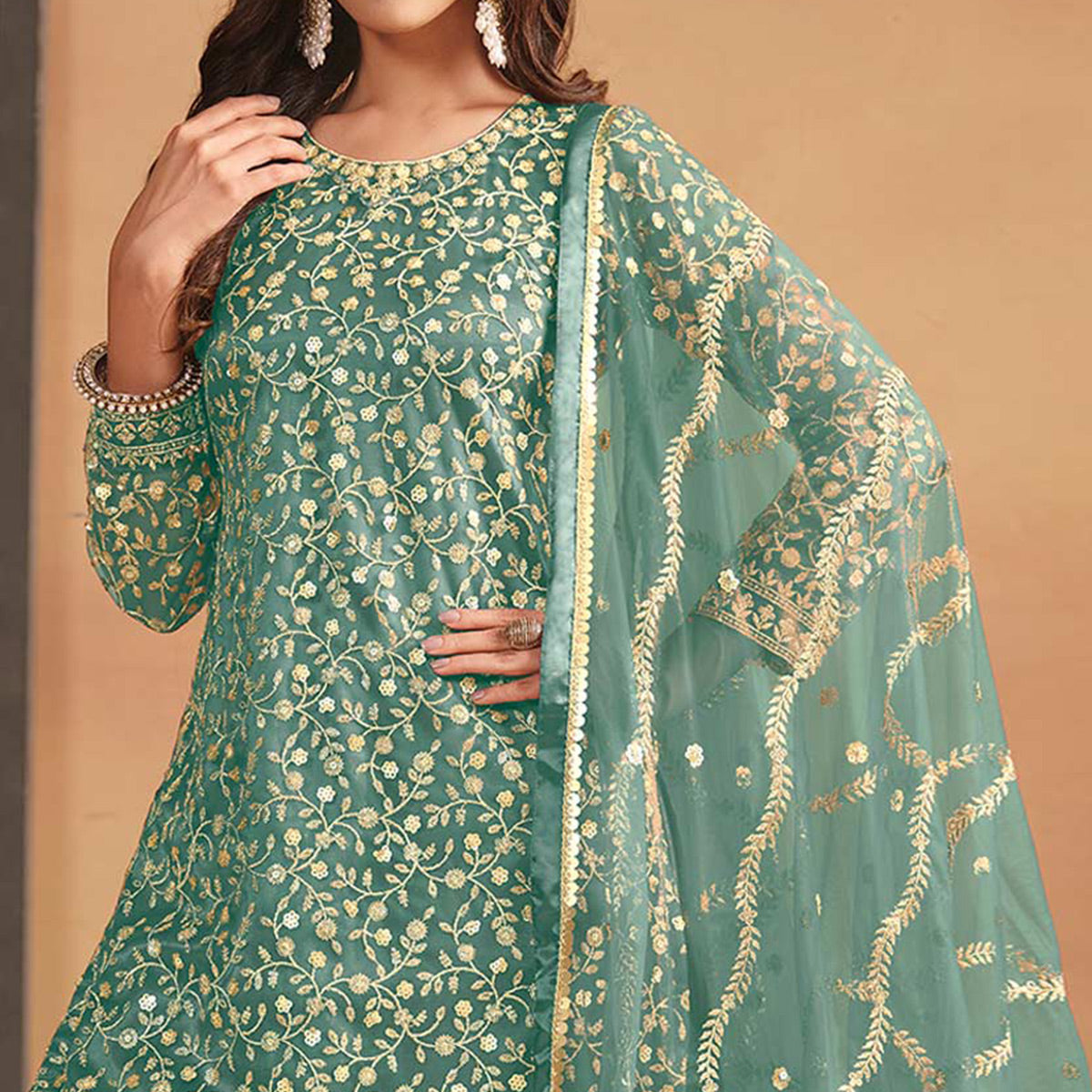 Sea Green Floral Sequins Embroidered Georgette Semi Stitched Sharara Suit