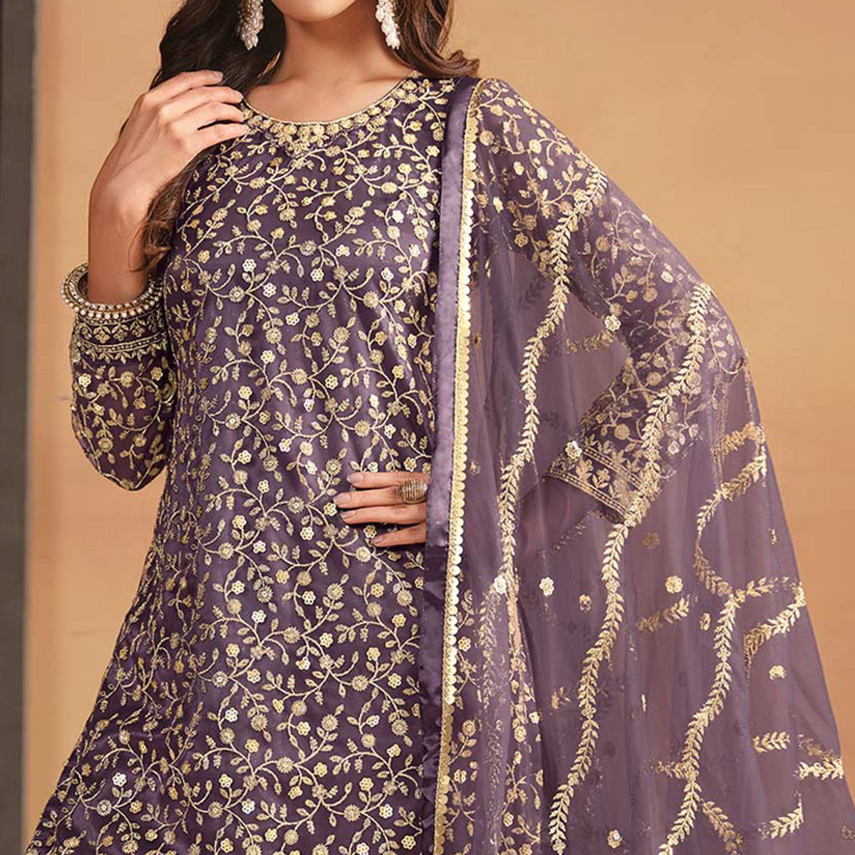 Purple Floral Sequins Embroidered Georgette Semi Stitched Sharara Suit
